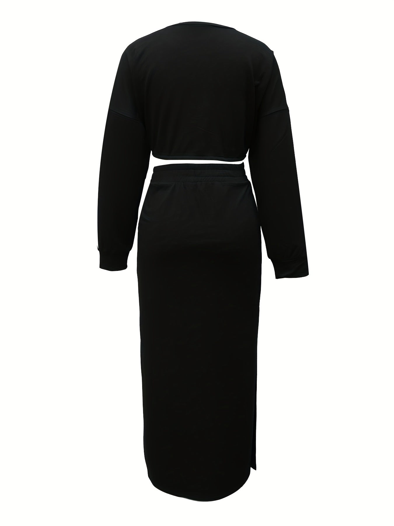 vlovelaw Casual Solid Two-piece Skirt Set, Drawstring Long Sleeve Crop Top & High Waist Split Skirt Outfits, Women's Clothing