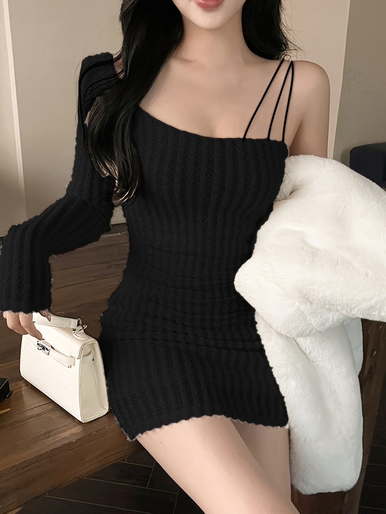 vlovelaw Solid Asymmetrical Neck Bodycon Dress, Sexy Long Sleeve Mini Dress For Spring & Fall, Women's Clothing