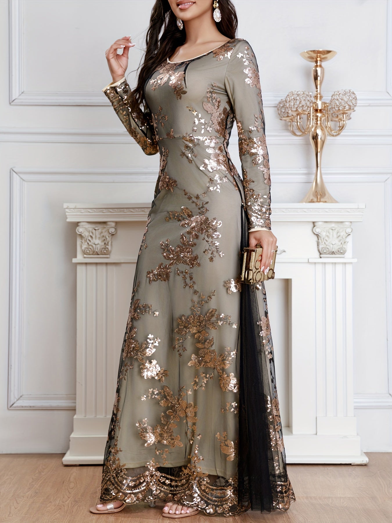 vlovelaw Sequined Crew Neck Mesh Bridesmaid Dress, Elegant Long Sleeve Ankle Lenght Dress For Wedding Party, Women's Clothing