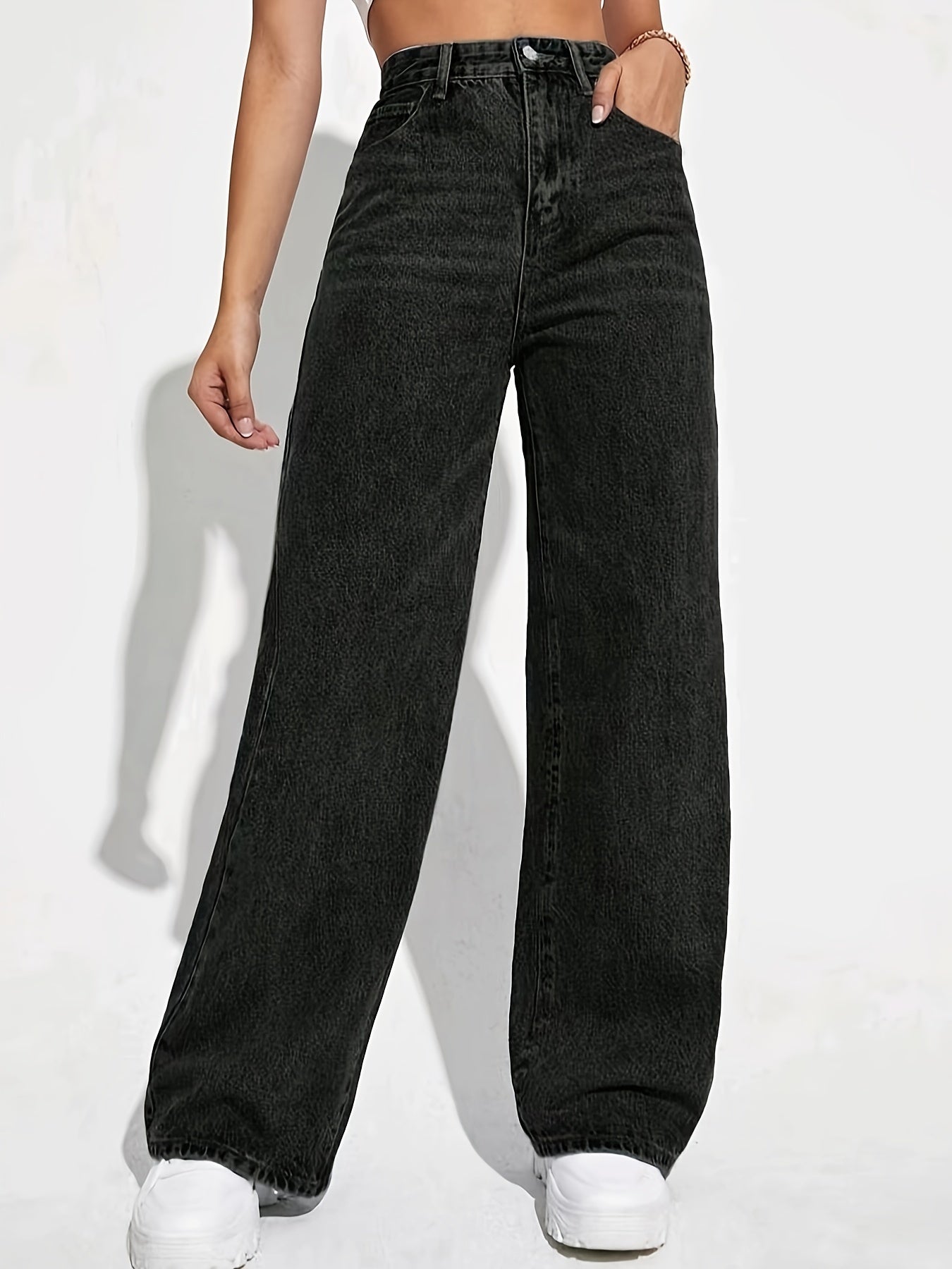 vlovelaw Plain Loose Fit Baggy Jeans, Slant Pockets Non-Stretch Casual Wide Legs Jeans, Women's Denim Jeans & Clothing