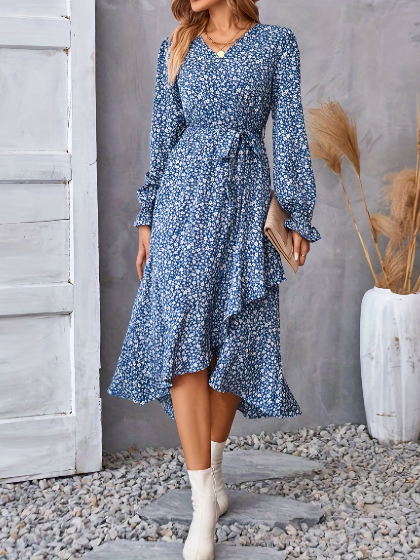 vlovelaw Floral Print Tie Waist V-neck Dress, Elegant Long Sleeve Asymmetrical Hem Dress, Women's Clothing