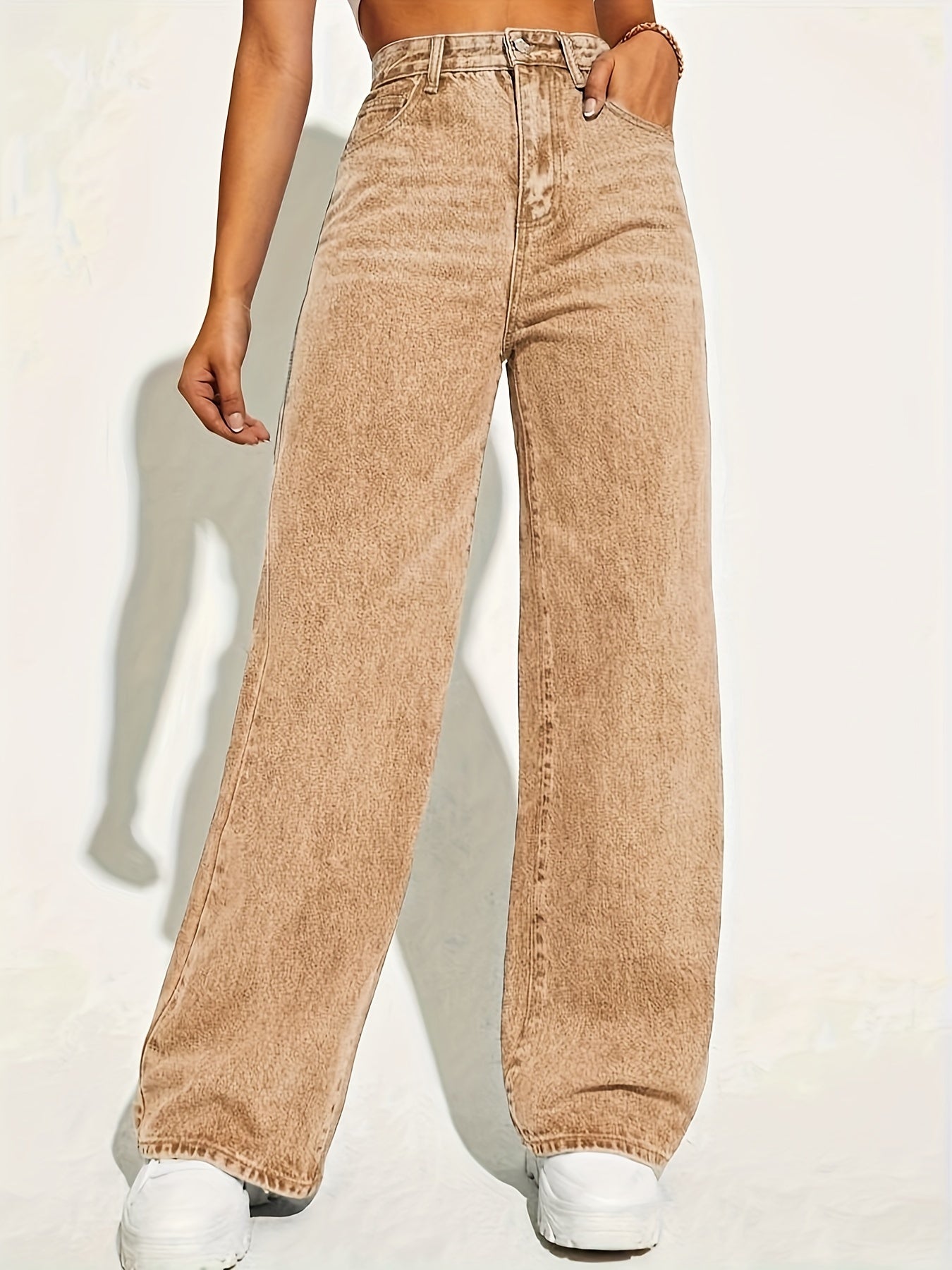 vlovelaw Plain Loose Fit Baggy Jeans, Slant Pockets Non-Stretch Casual Wide Legs Jeans, Women's Denim Jeans & Clothing