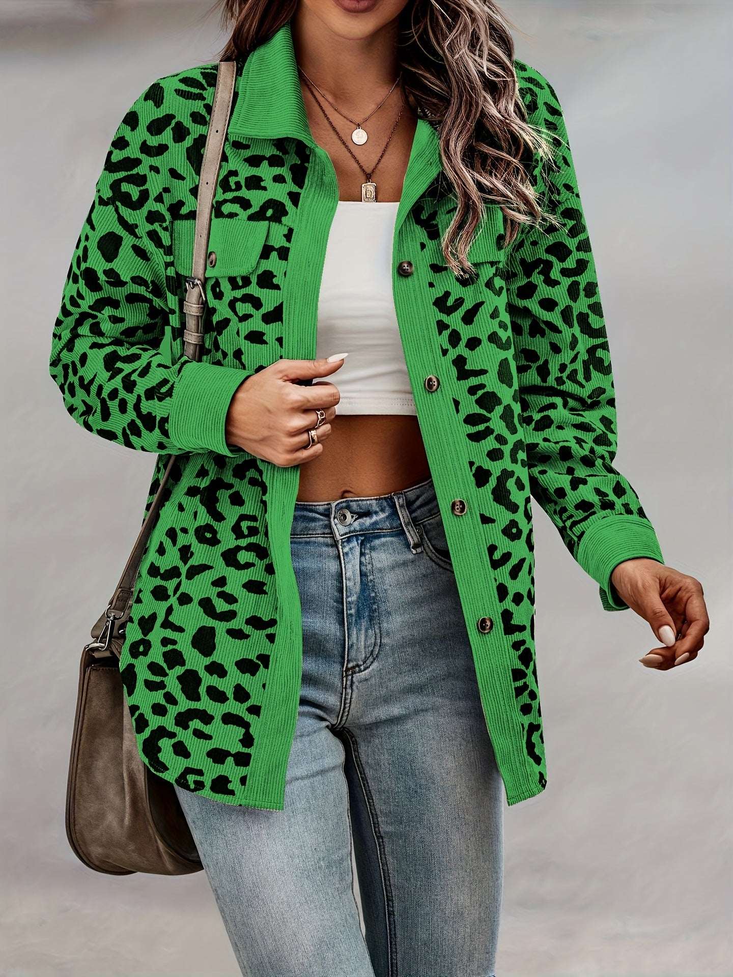 vlovelaw Leopard Print Shacket Jacket, Casual Button Front Turn Down Collar Long Sleeve Outerwear, Women's Clothing