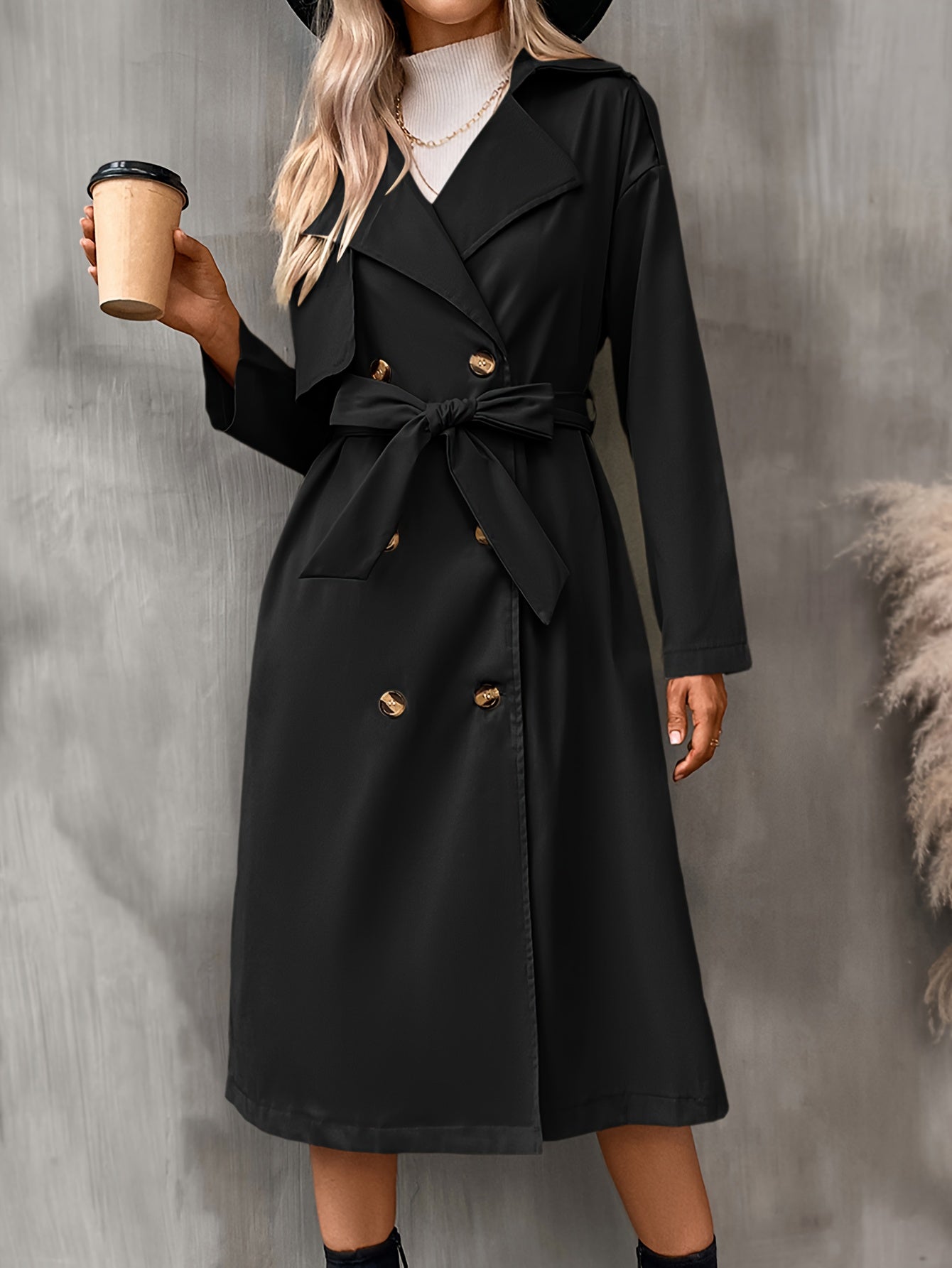 vlovelaw Double Breasted Belted Trench Coat, Vintage Solid Lapel Drop Shoulder Overcoat, Women's Clothing