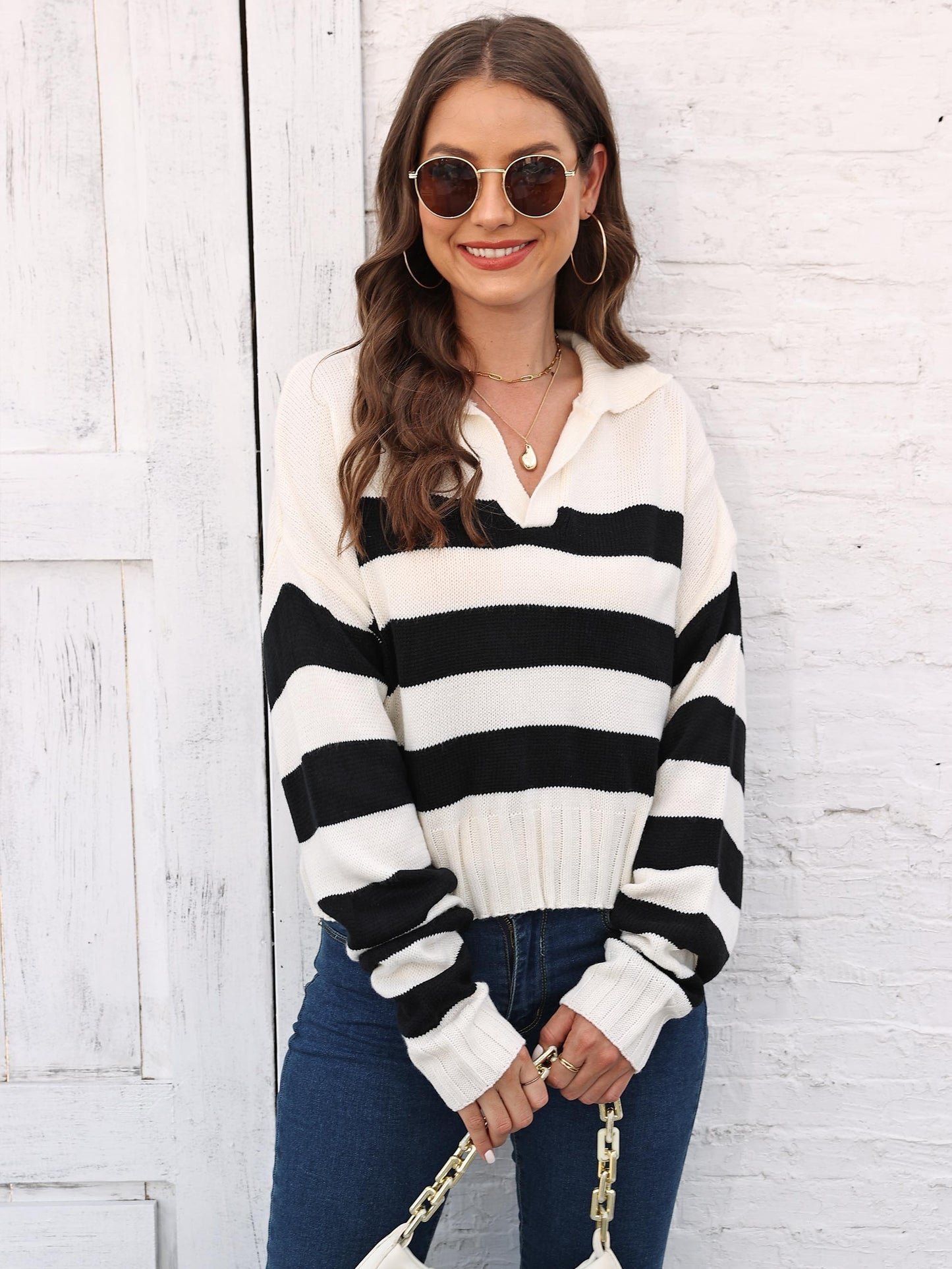 vlovelaw Striped V Neck Pullover Sweater, Casual Long Sleeve Drop Shoulder Sweater, Women's Clothing