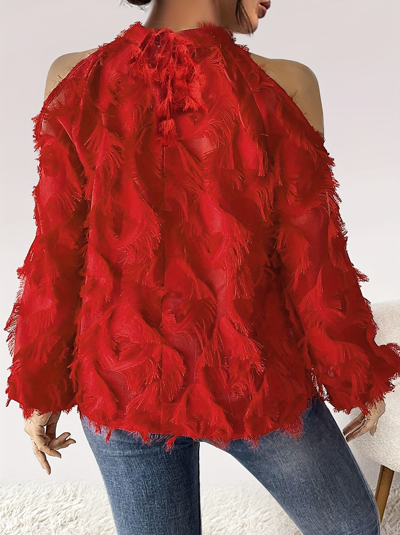 vlovelaw Plus Size Fringe Trim Top, Casual Cold Shoulder Long Sleeve Top, Women's Plus Size Clothing