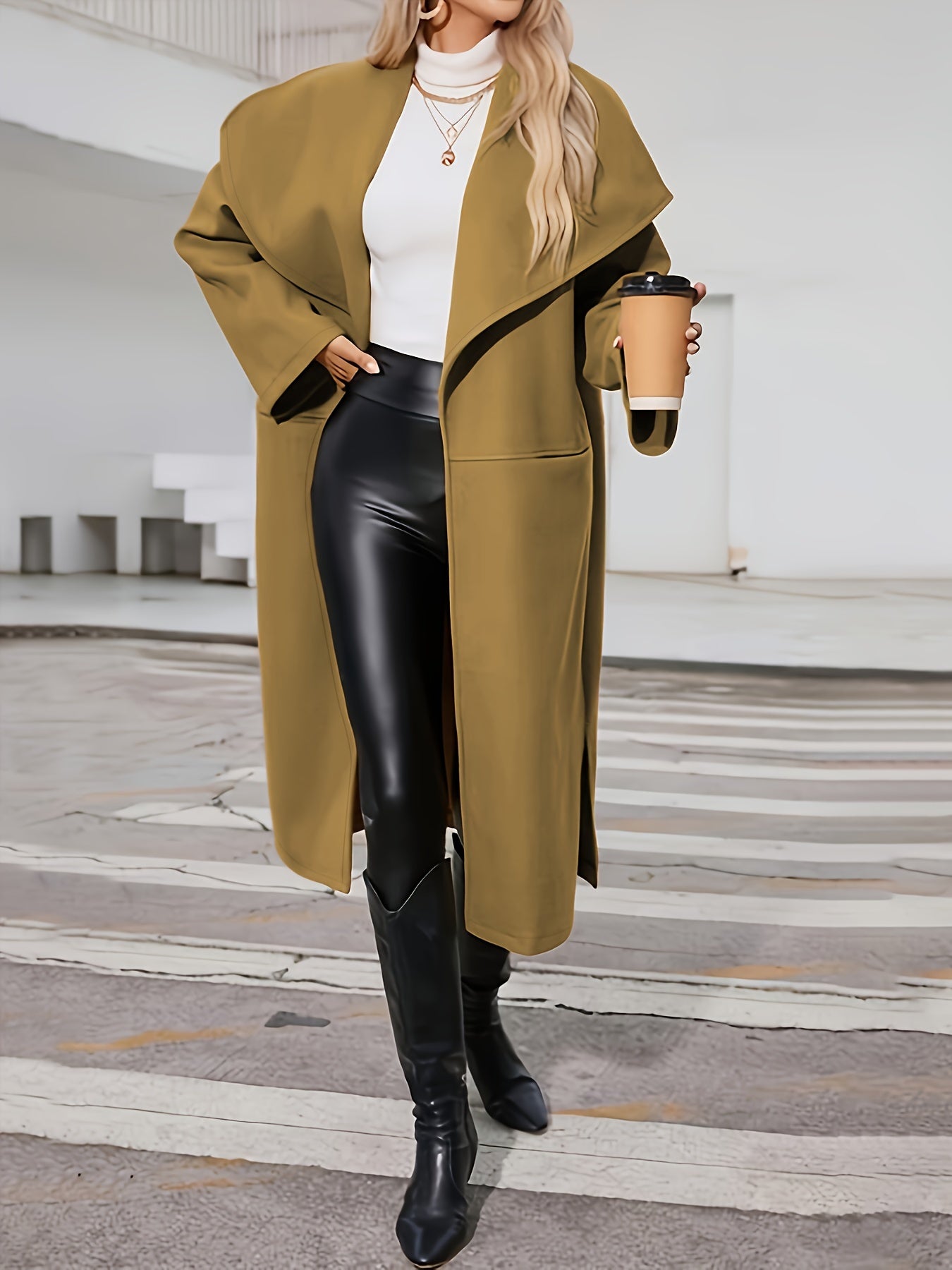Waterfall Collar Mid Length Coat, Elegant Open Front Long Sleeve Outerwear, Women's Clothing