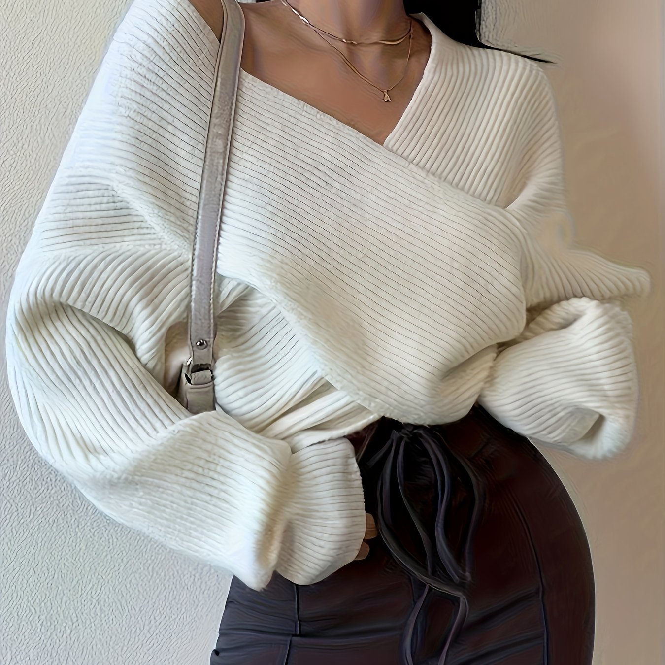 vlovelaw Solid Cross Front V Neck Sweater, Elegant Long Sleeve Pullover Sweater, Women's Clothing