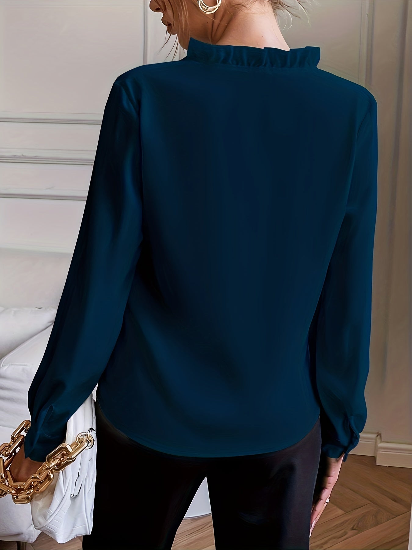vlovelaw Simple Solid Blouse, Elegant Lettuce Trim V Neck Long Sleeve Blouse, Women's Clothing