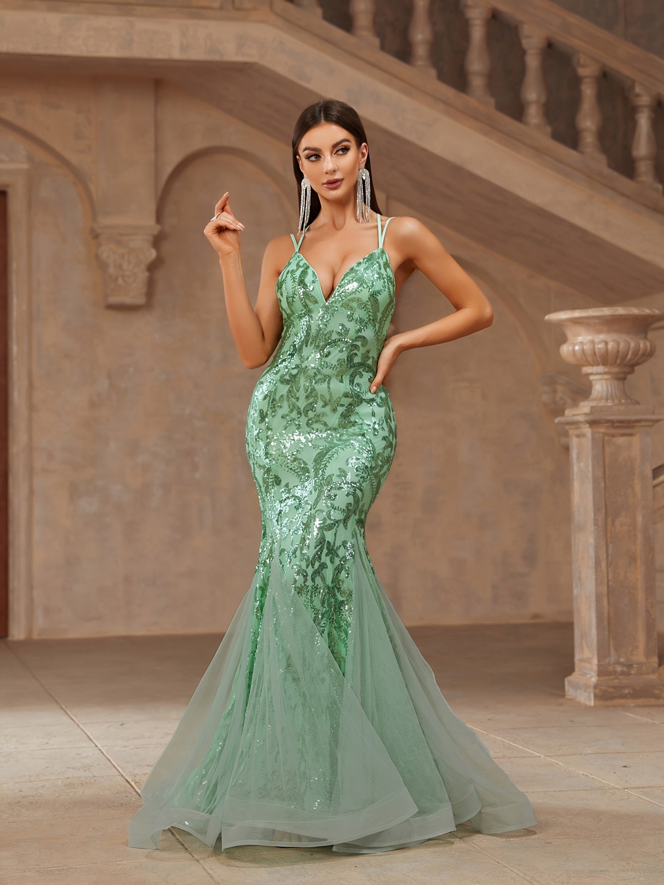 vlovelaw Sequin Spaghetti Strap Dress, Elegant Backless Flared Cut Evening Dress For Party & Banquet, Women's Clothing