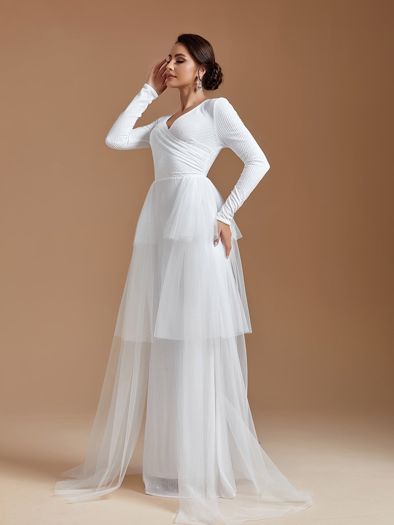 vlovelaw Mesh Panel Sequin Tiered Dress, Long Sleeve V Neck Mermaid Wedding Dress, Women's Clothing