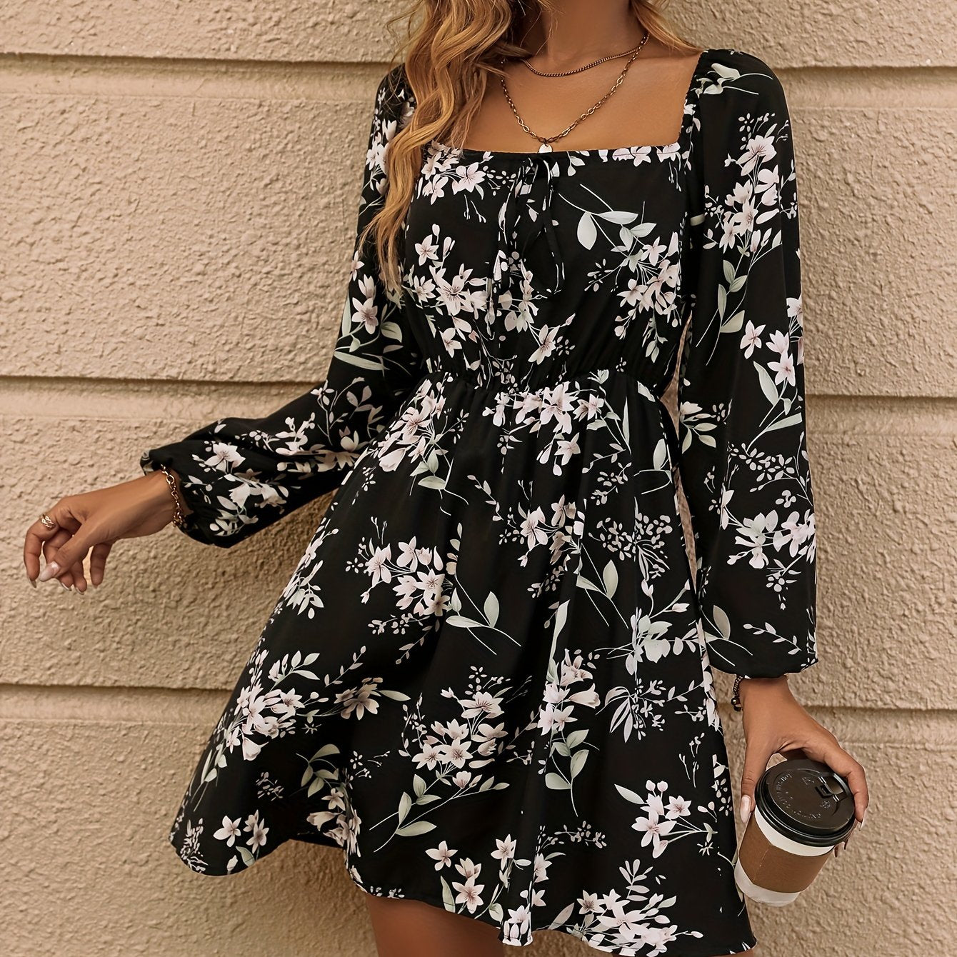 Floral Print Drawstring Square Neck Dress, Casual Long Sleeve Dress For Spring & Summer, Women's Clothing