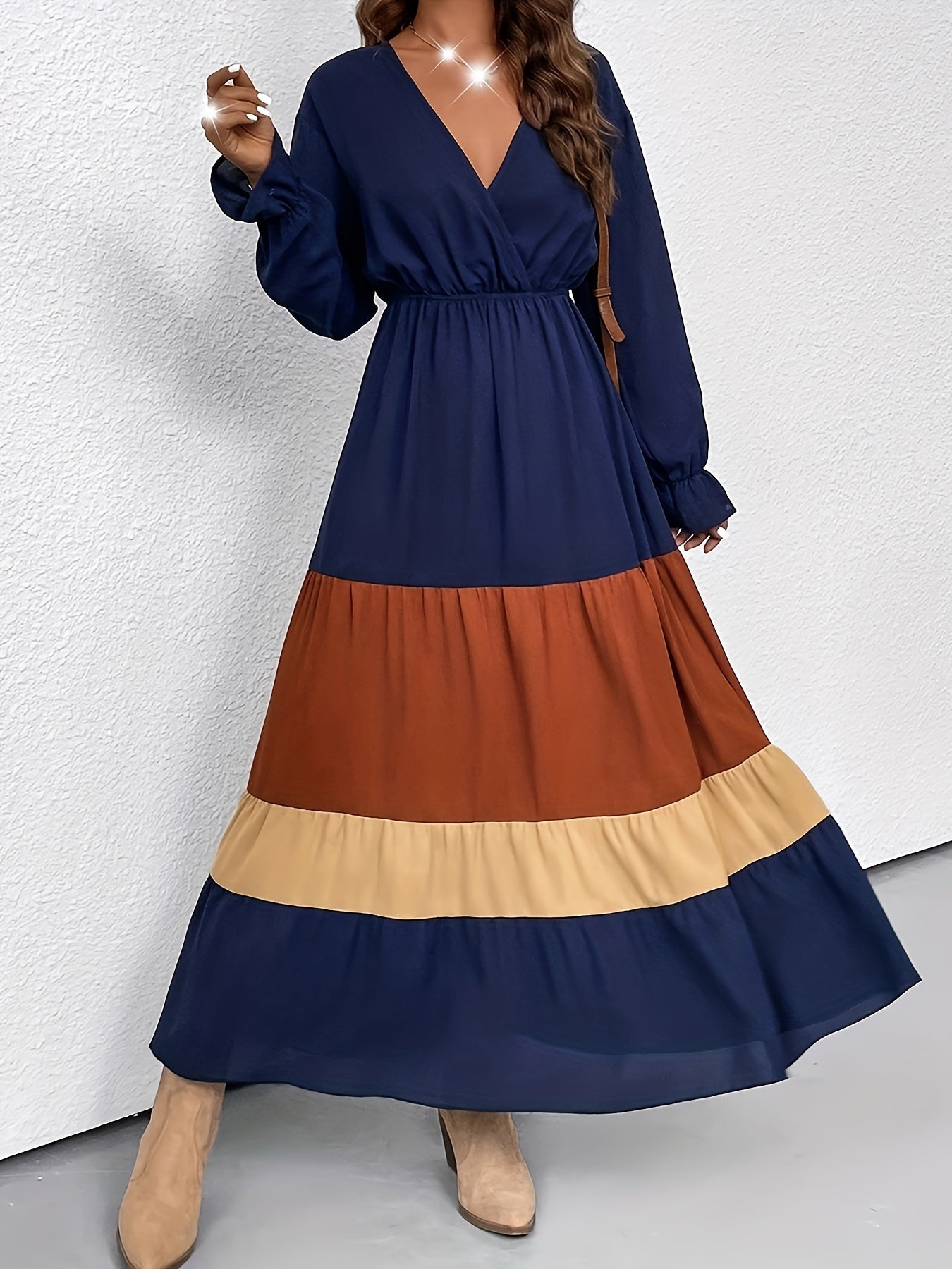 vlovelaw Color Block Ruffle Long Sleeve Dress, Casual Surplice Neck Cinched Waist Dress For Spring & Fall, Women's Clothing