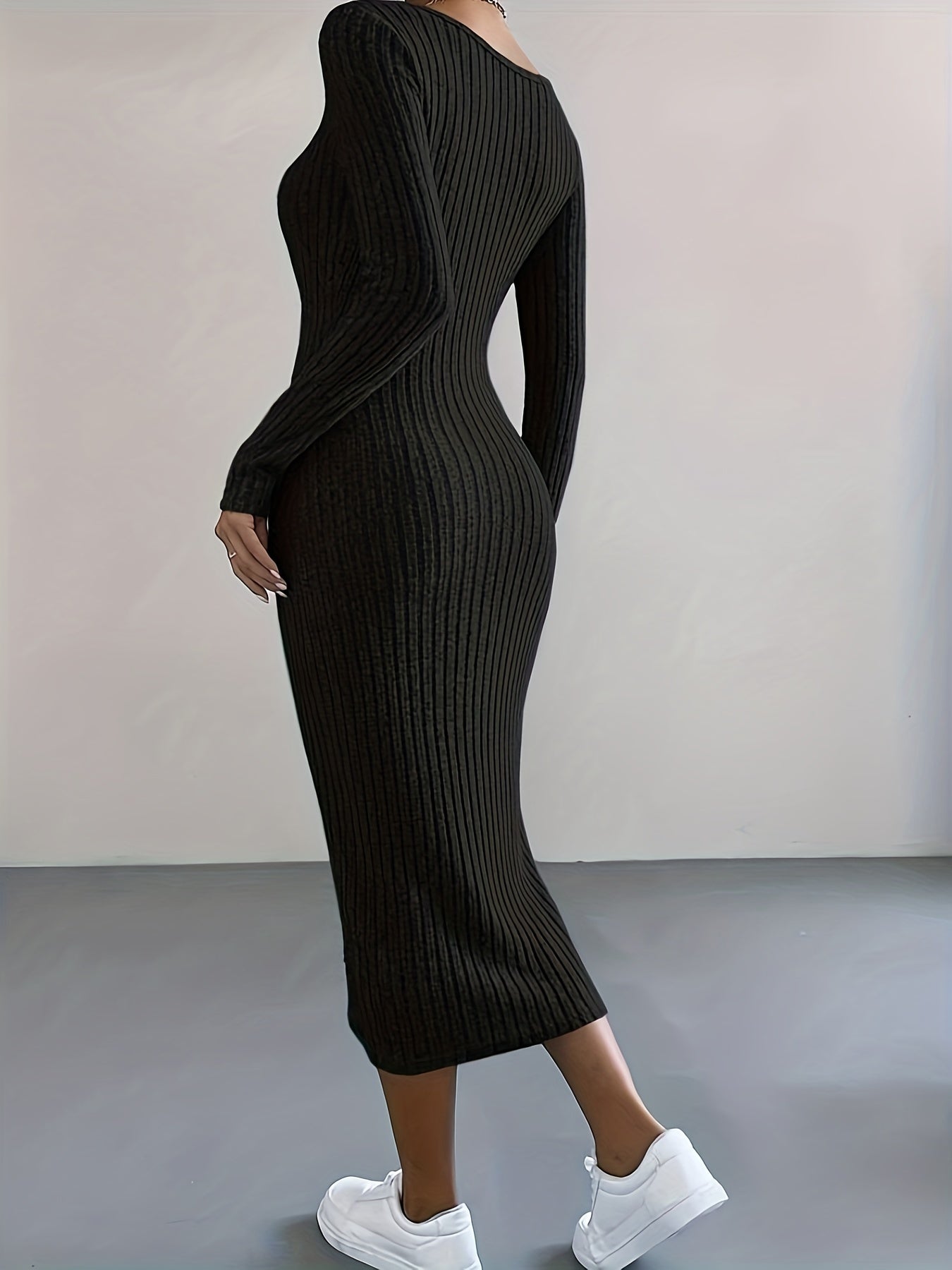 Solid Rib Knit Sweater Dress, Elegant V Neck Long Sleeve Midi Dress, Women's Clothing