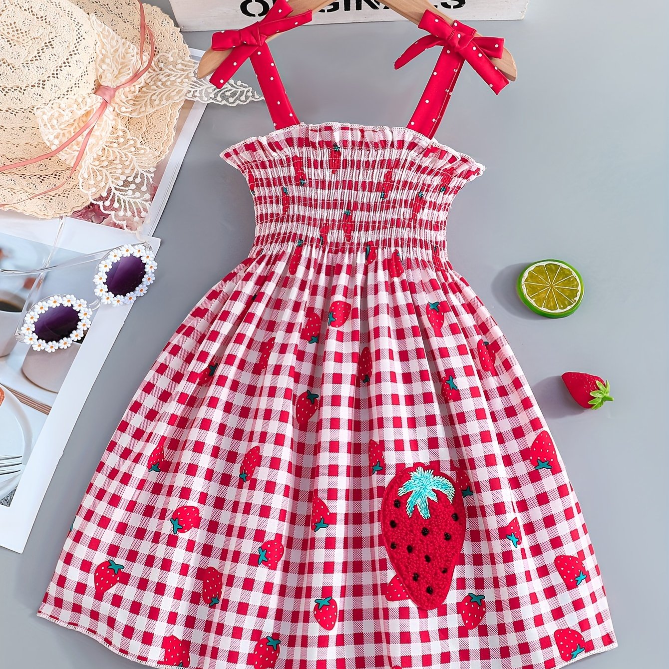 Adorable Sleeveless Strawberry Plaid Print Umbrella Skirt Dress for Girls - Cute Bow Straps, Slight Stretch Fabric, Flared Hem, Regular Fit, Perfect for Summer Holiday Party