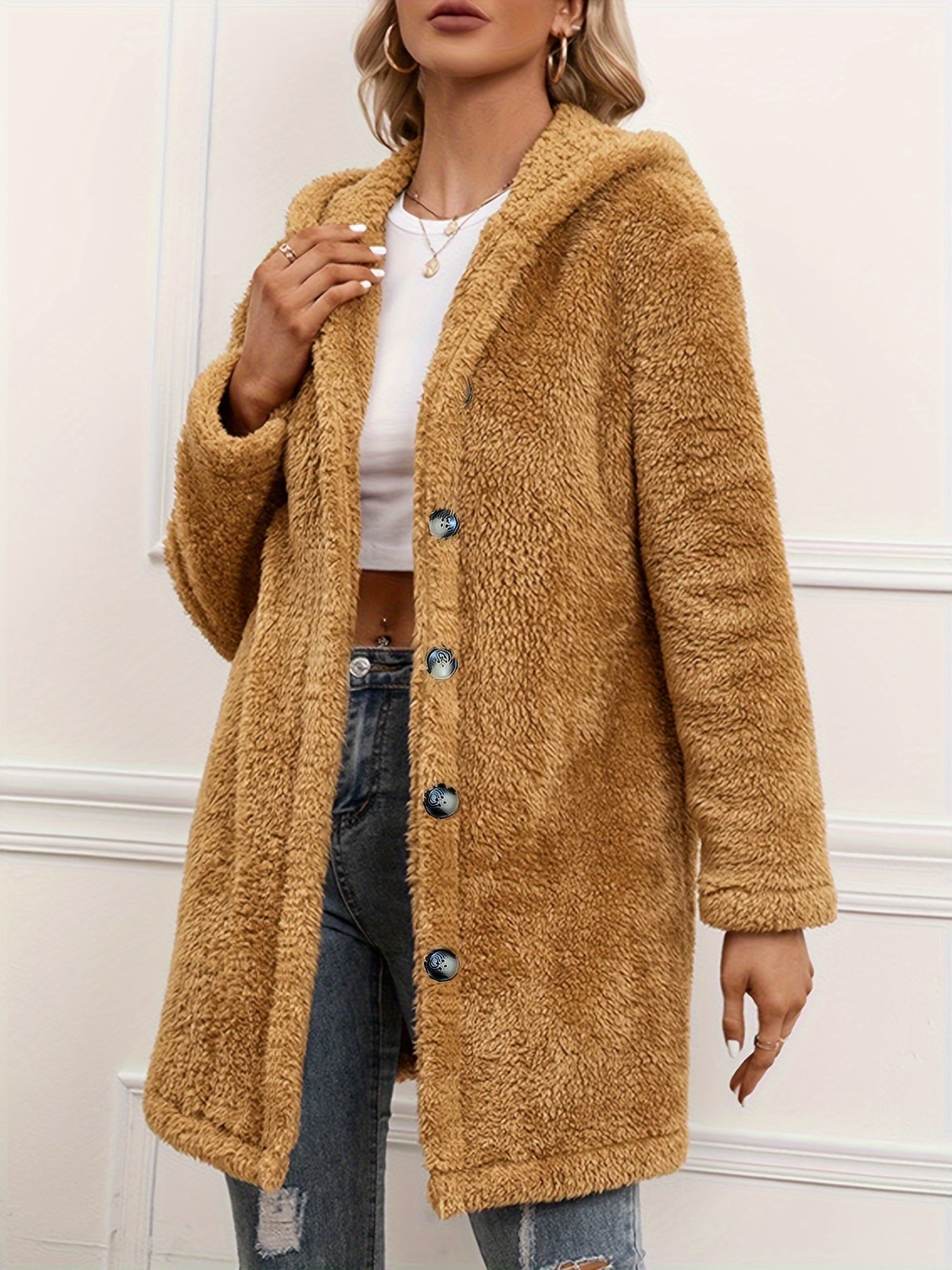 vlovelaw Fuzzy Button Front Hooded Coat, Casual Solid Long Sleeve Warm Outerwear, Women's Clothing
