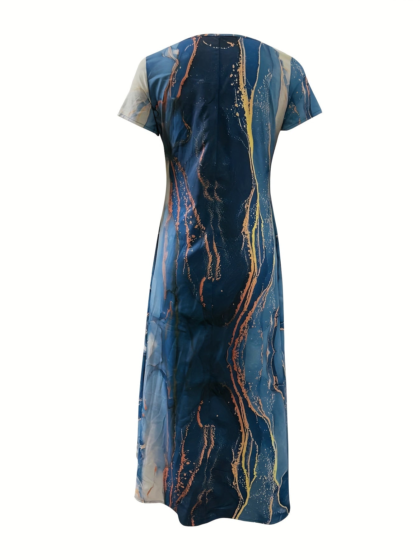 Marble Print Dress, Boho V Neck Short Sleeve Summer Dress, Women's Clothing