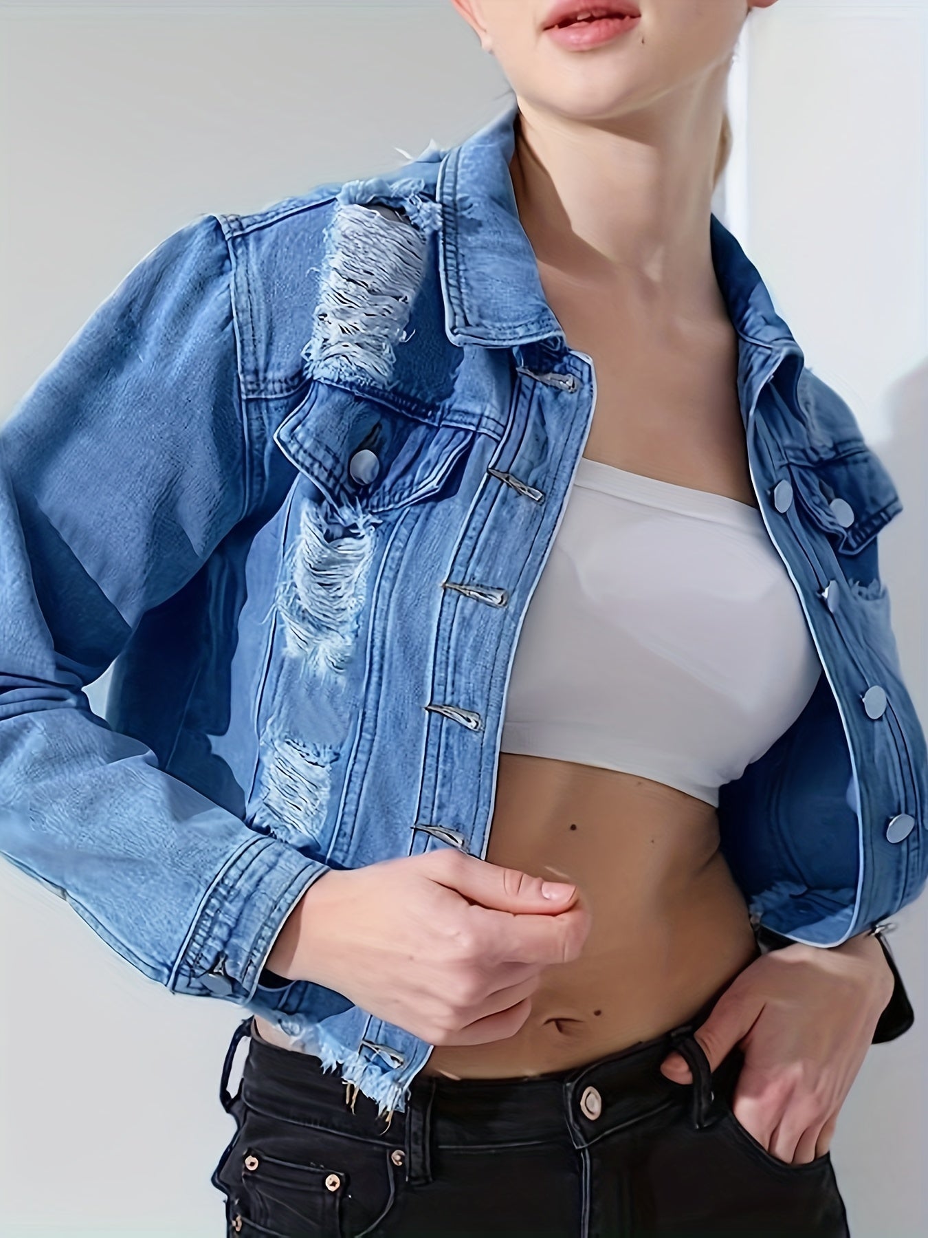 vlovelaw Blue Ripped Holes Denim Jackets, Long Sleeves Distressed Frayed Hem Lapel Denim Coats, Women's Denim Clothing