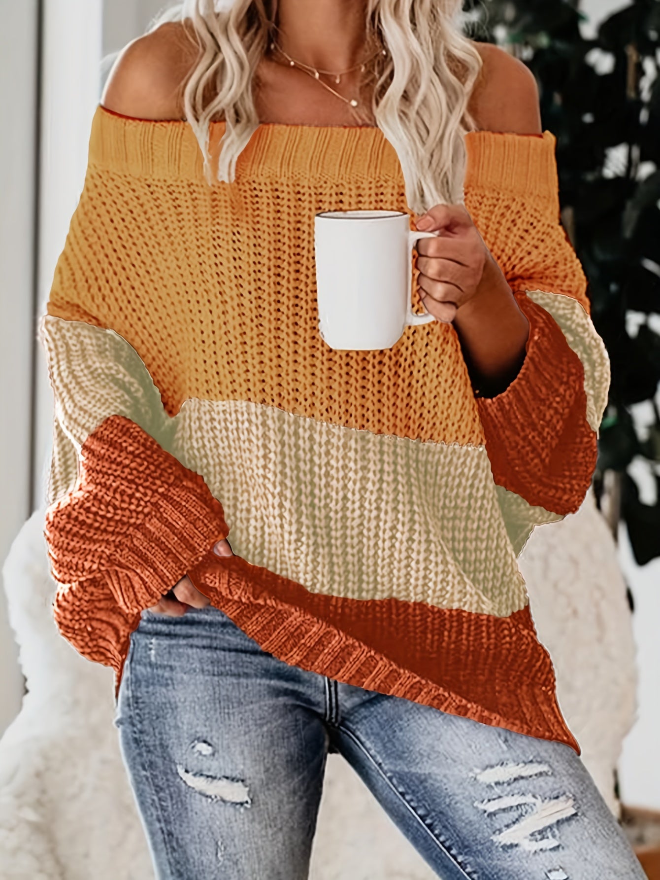 Off Shoulder Color Block Knit Sweater, Casual Loose Long Sleeve Sweater, Women's Clothing