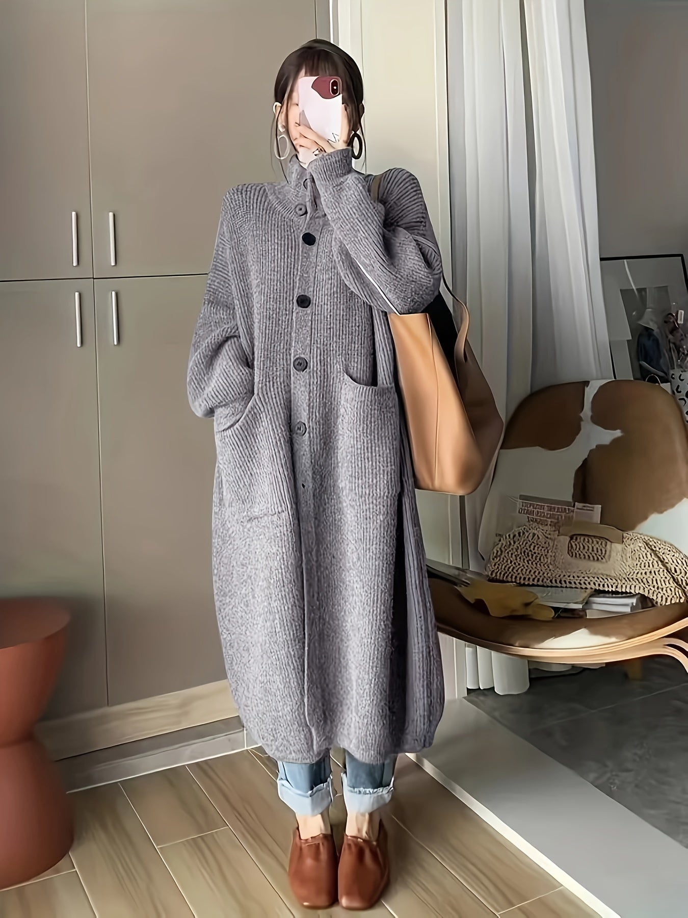 Solid Button Front Turtle Neck Cardigan, Casual Long Sleeve Pocket Oversized Sweater Overcoat, Women's Clothing