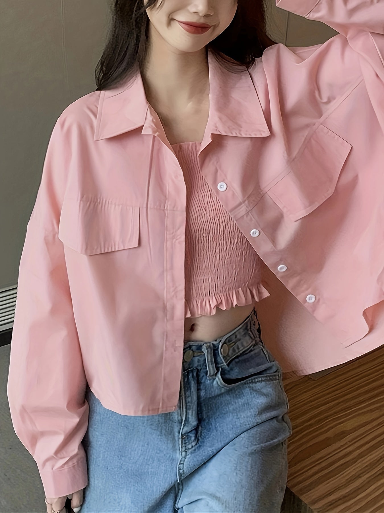 Solid Button Front Shirt, Casual Long Sleeve Lapel Shirt, Women's Clothing