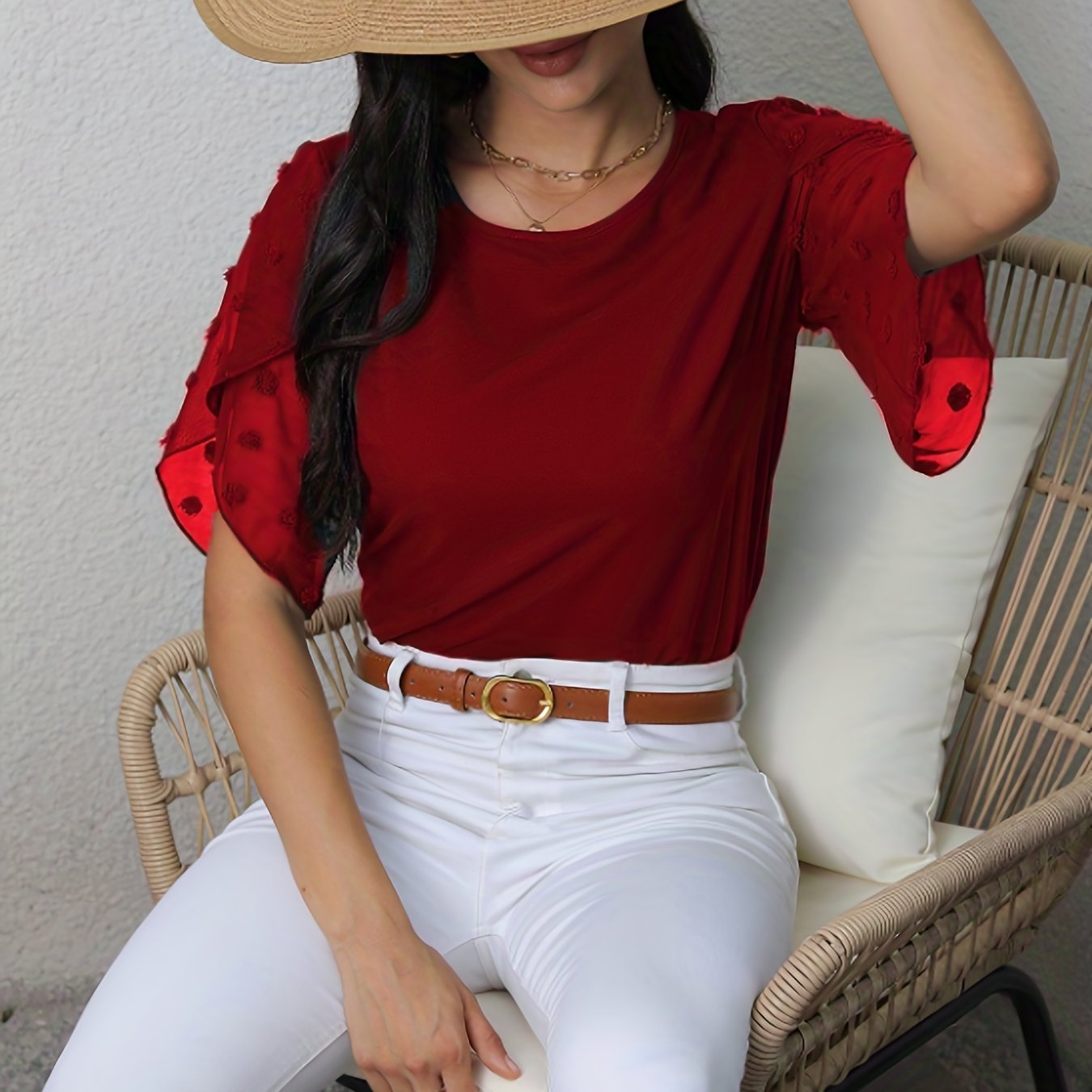 vlovelaw Swiss Dot Half Sleeve Blouse, Casual Solid Crew Neck Summer Blouse, Women's Clothing