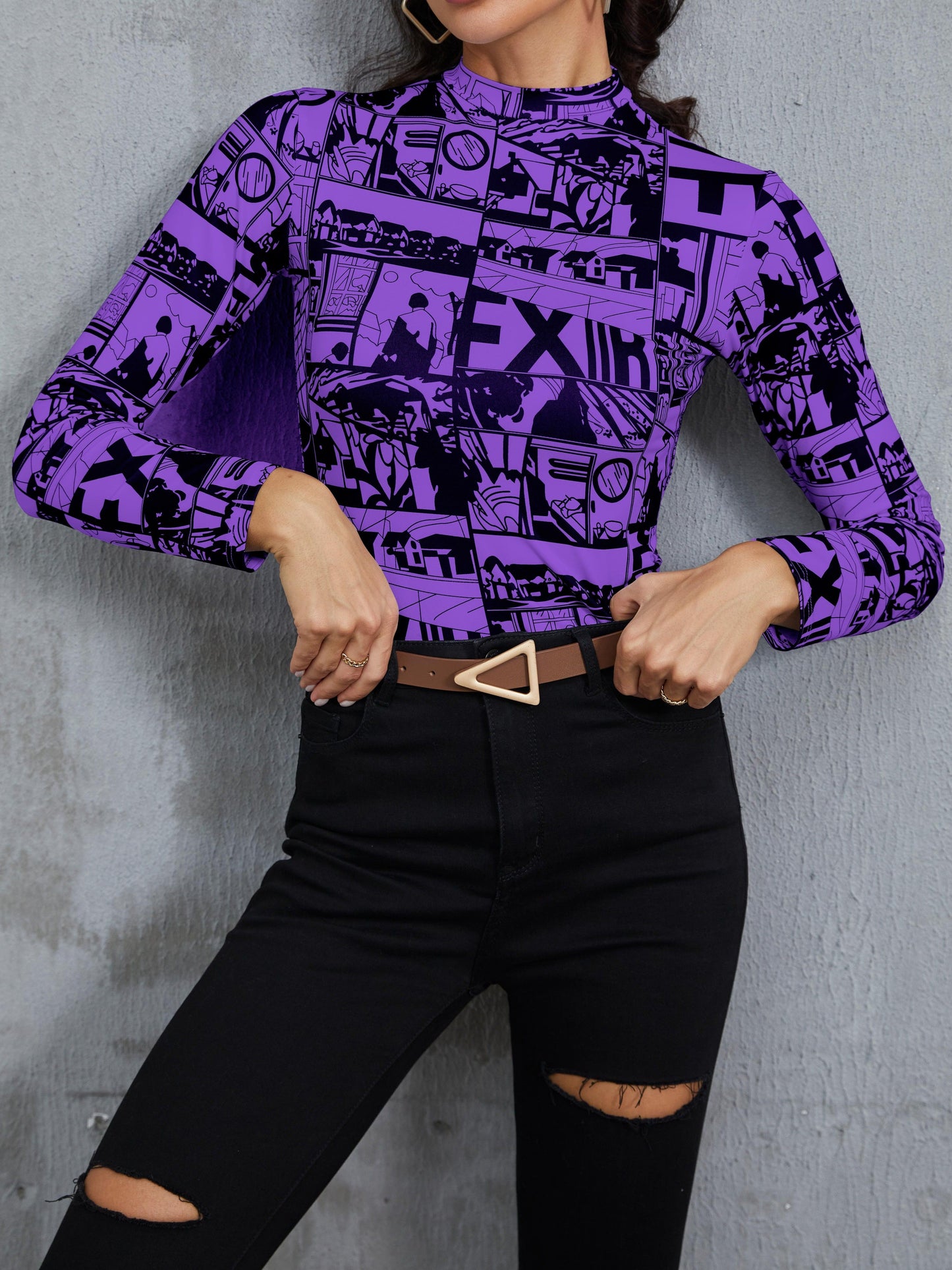 Y2K Anime Print T-Shirt, Long Sleeve High Neck Casual Top, Women's Clothing