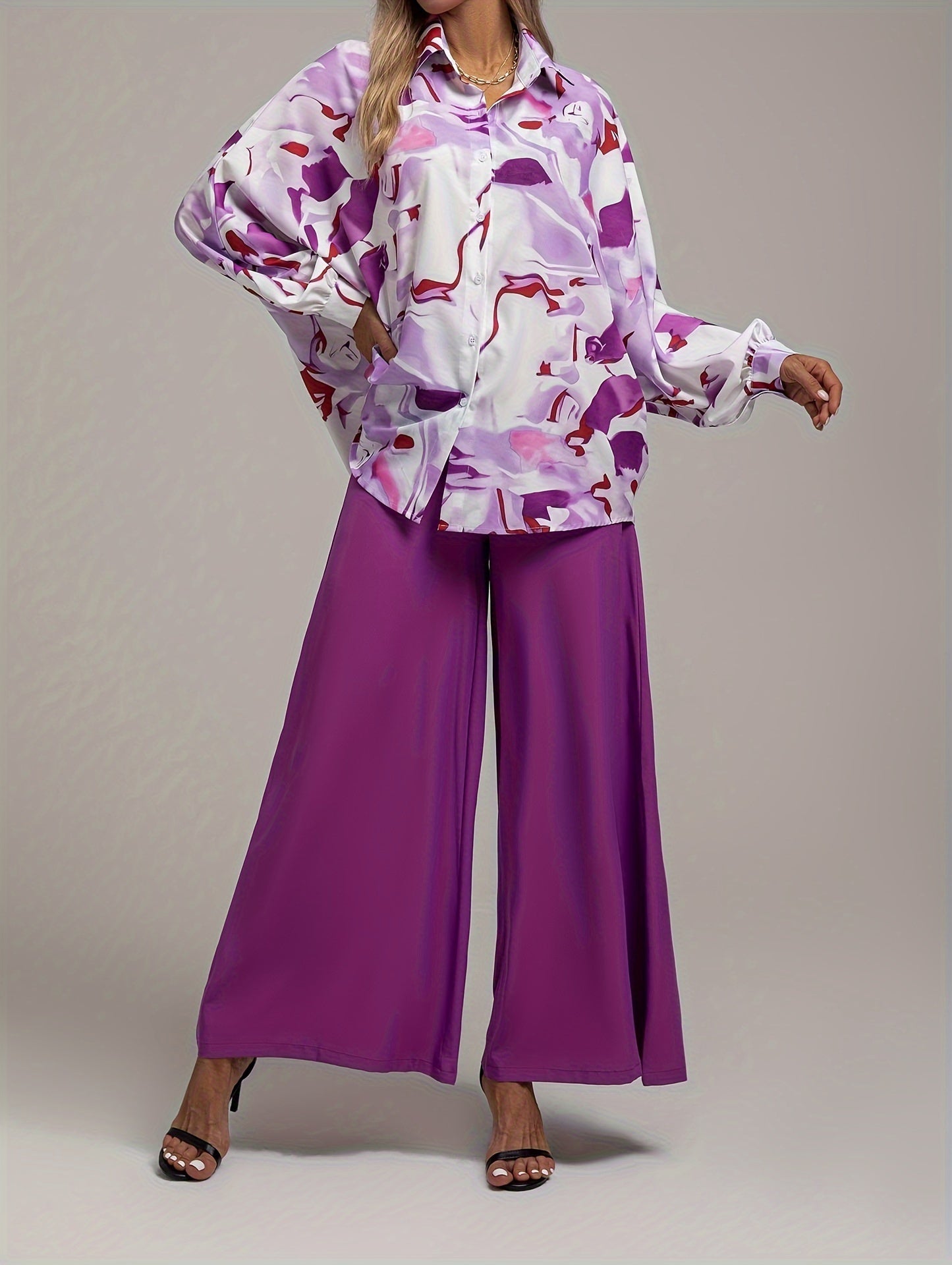 vlovelaw Elegant Two-piece Set, Allover Print Button Front Shirt & Solid High Waist Wide Leg Pants Outfits, Women's Clothing