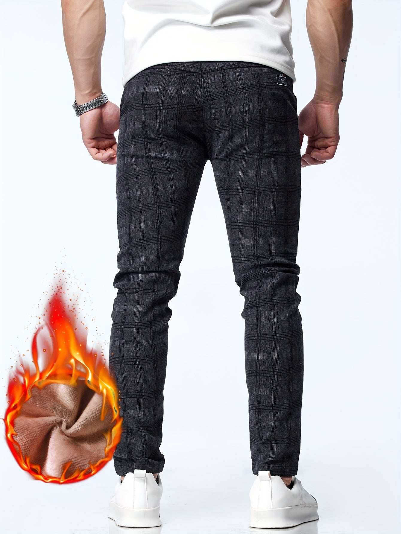 vlovelaw Men's Casual Warm Thick Slim Fit Pants, Chic Fleece Lined Retro Plaid Pants For Fall Winter