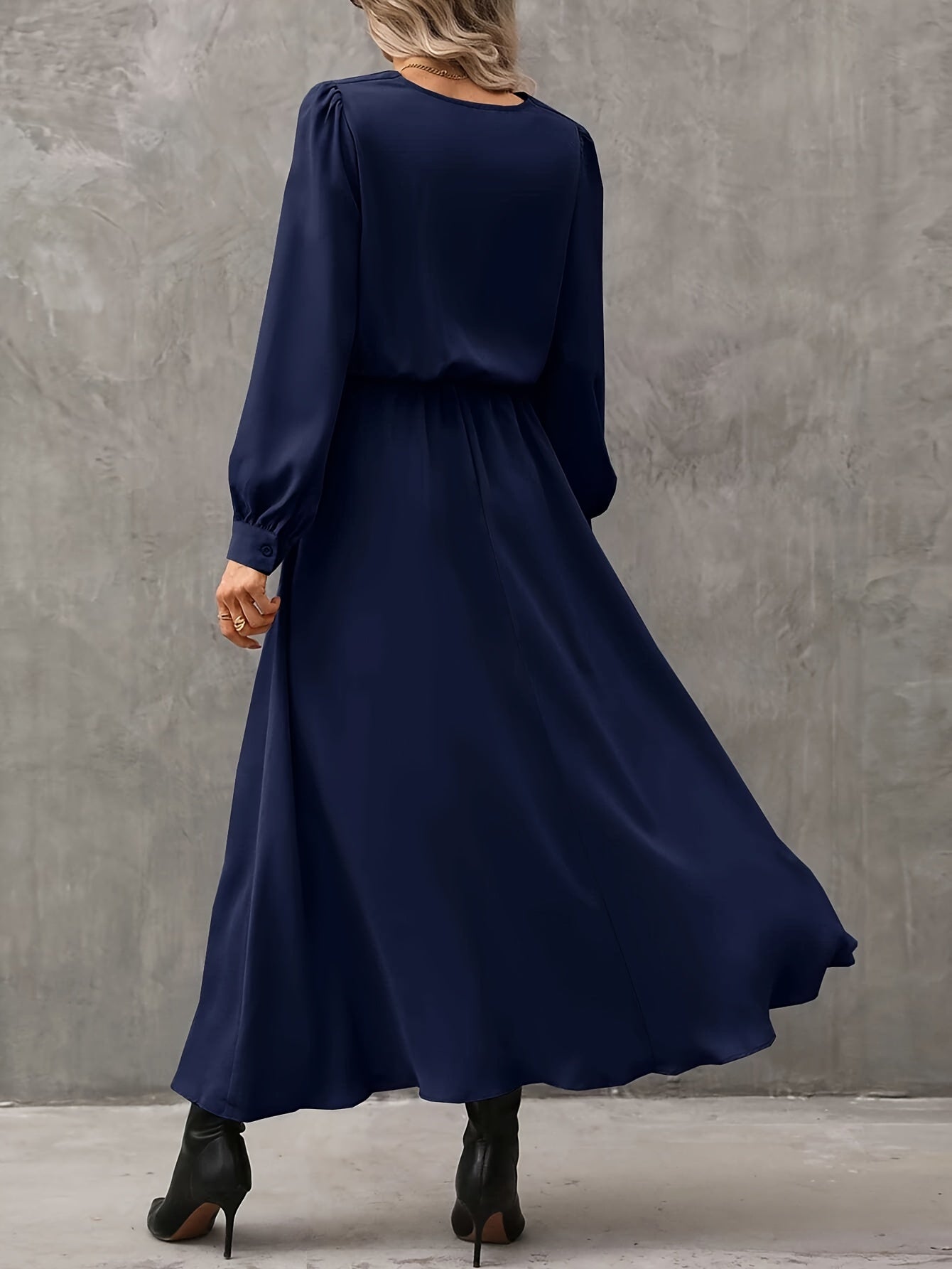 vlovelaw Cowl Neck Solid Midi Dress, Elegant Long Sleeve A Line Dress, Women's Clothing