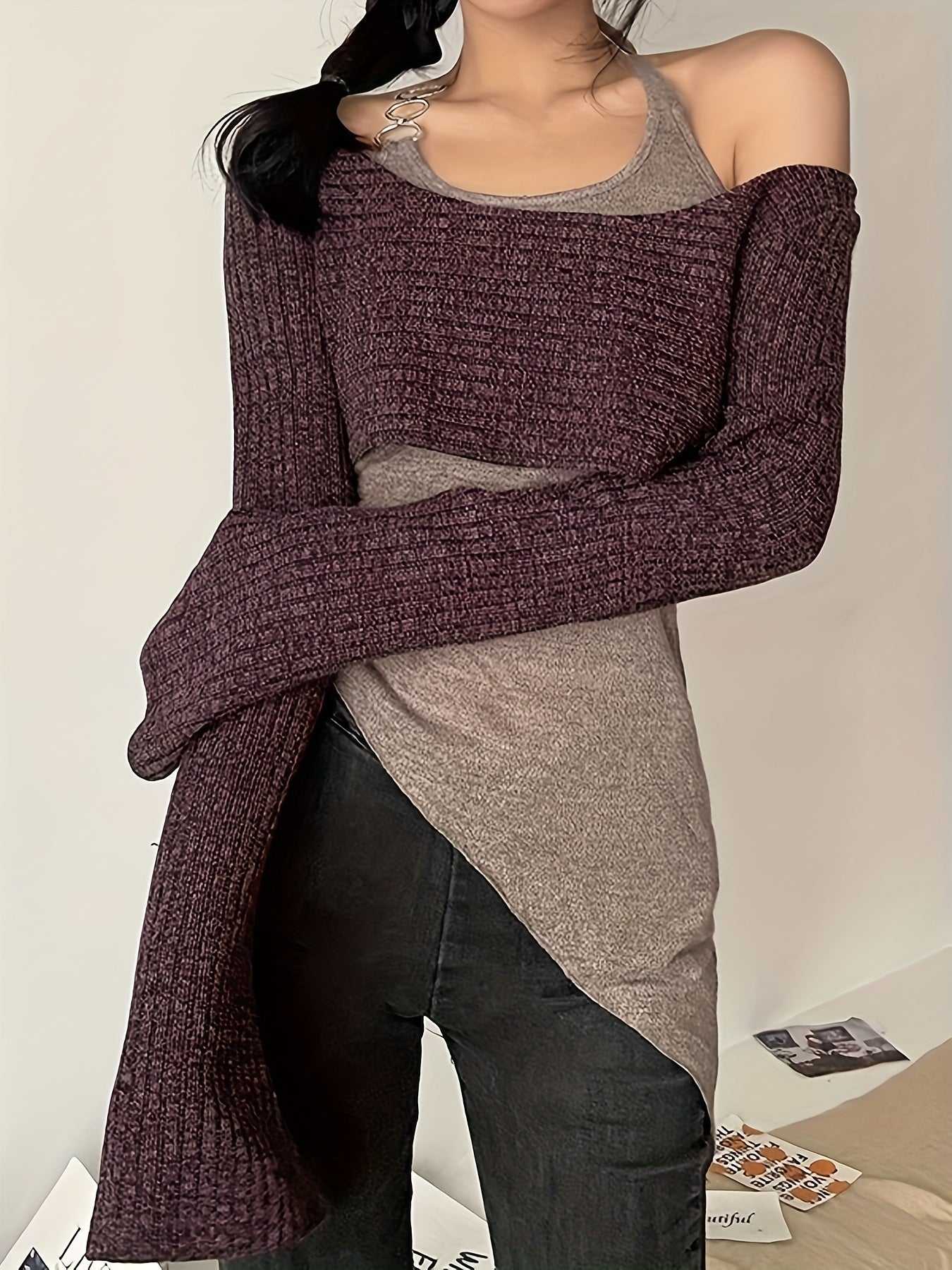 vlovelaw Halter Neck Layered T-Shirt, Y2K Asymmetric Hem Long Sleeve Top, Women's Clothing