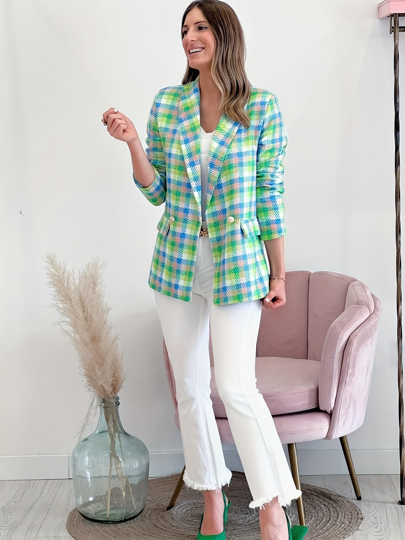Plaid Pattern Open Front Blazer, Casual Long Sleeve Slim Blazer, Women's Clothing
