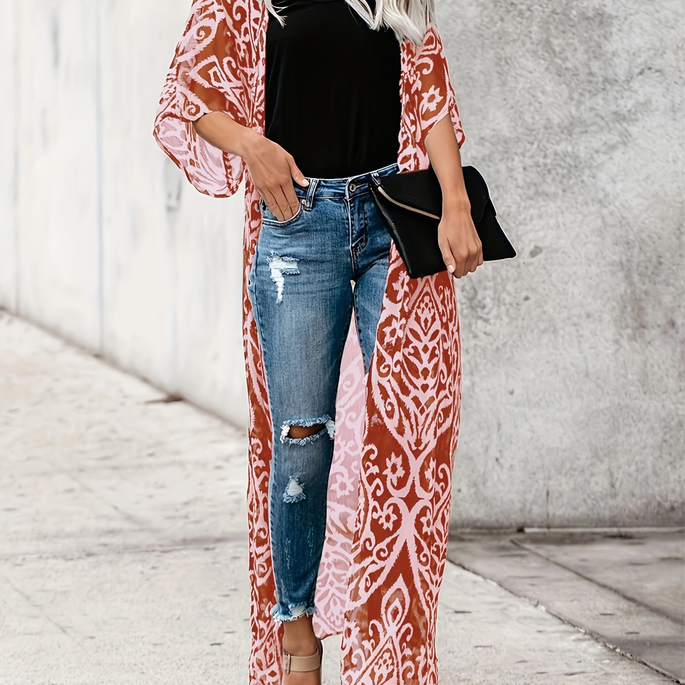 vlovelaw Graphic Print Open Front Kimono, Boho Cover Up Kimono For Spring & Summer, Women's Clothing