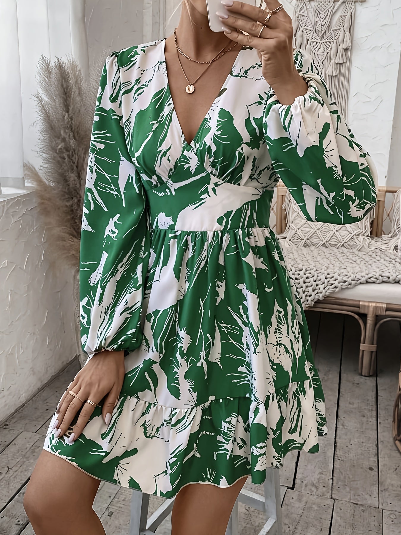 vlovelaw Color Block V Neck Dress, Elegant Long Sleeve Dress For Spring, Women's Clothing