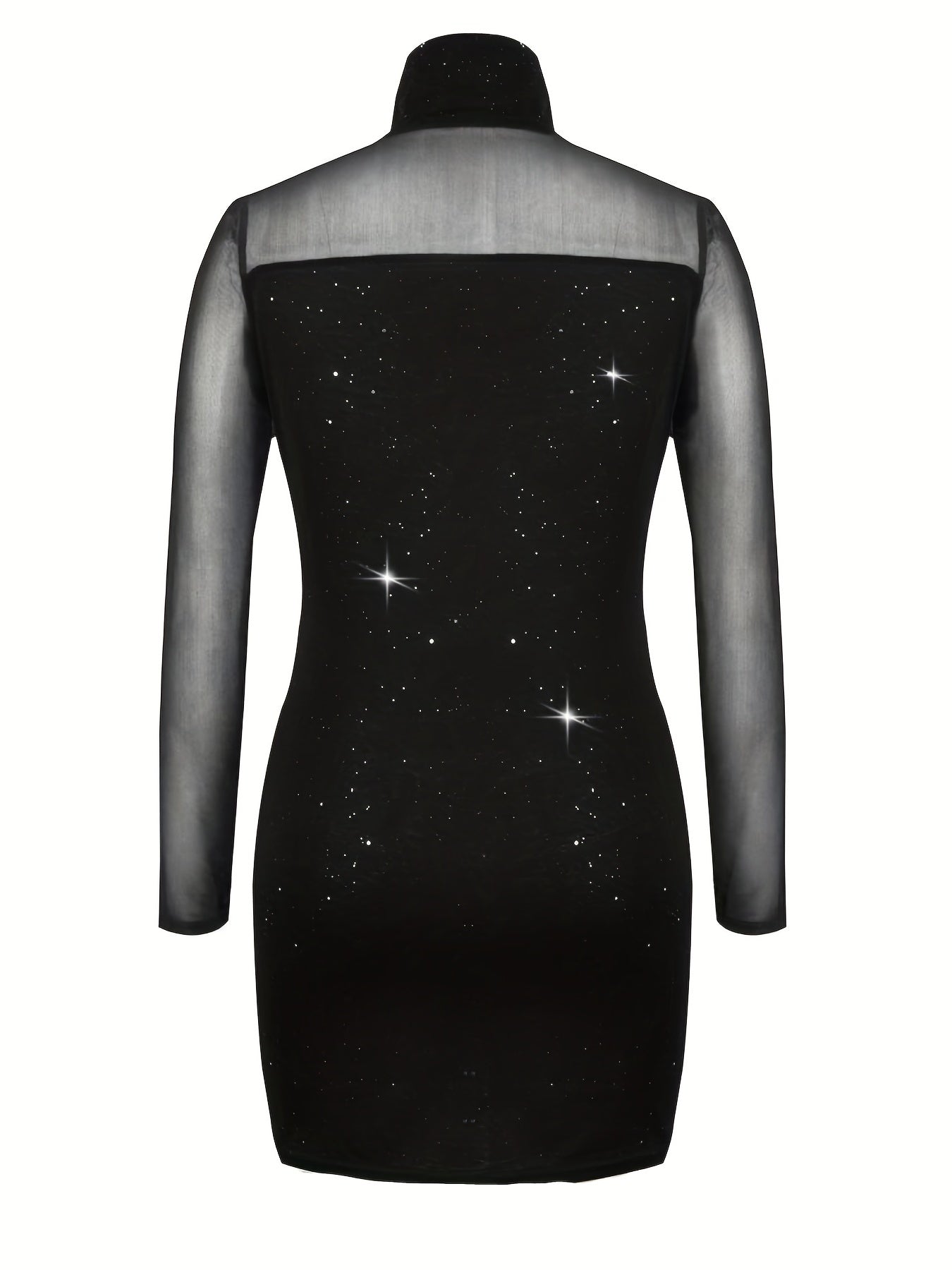 Sheer Splicing Dress, Sexy Solid High Collar Long Sleeve Bodycon Evening Dress, Women's Clothing