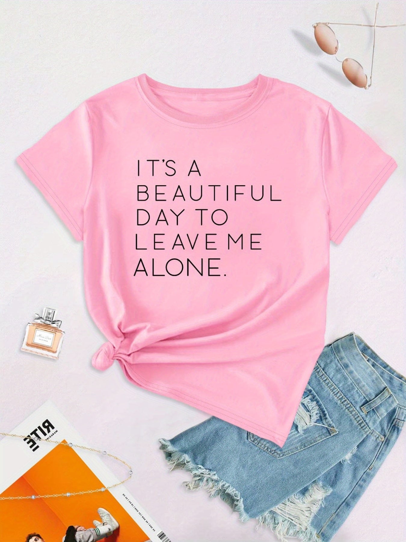 vlovelaw Casual Leave Me Alone Print Crew Neck T-shirt, Loose Short Sleeve Fashion Summer T-Shirts Tops, Women's Clothing