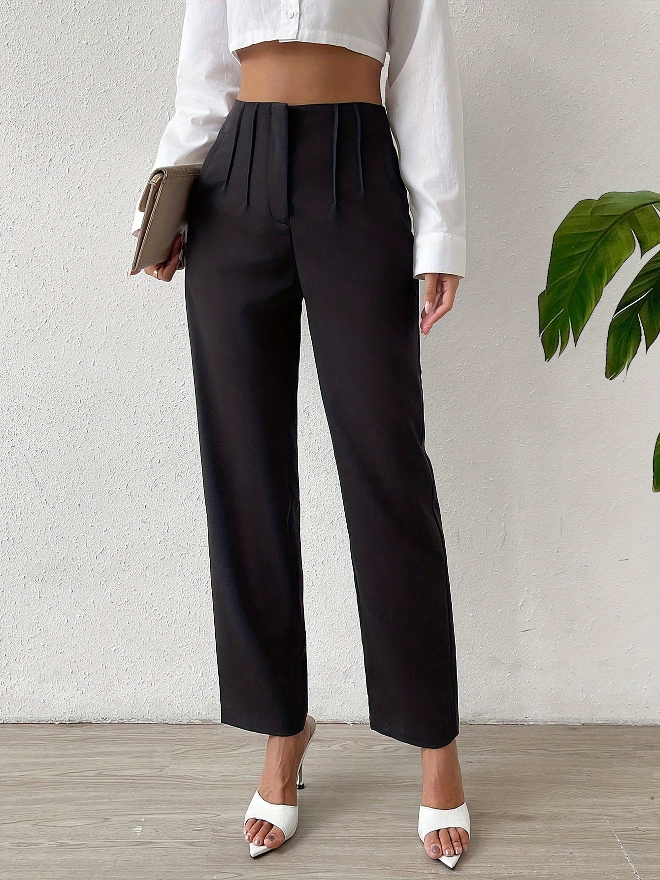 vlovelaw Solid High Waist Pants, Elegant Straight Leg Ruched Pants, Women's Clothing