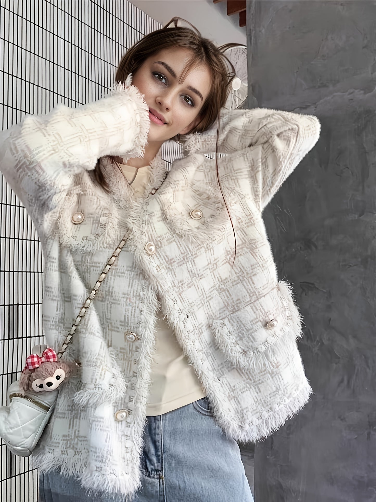 Women's Chic Long Sleeve Knitted Coat - Elegant Plaid Design, Button Front, Raw Trim, Dual Pockets, Fall & Winter Essential