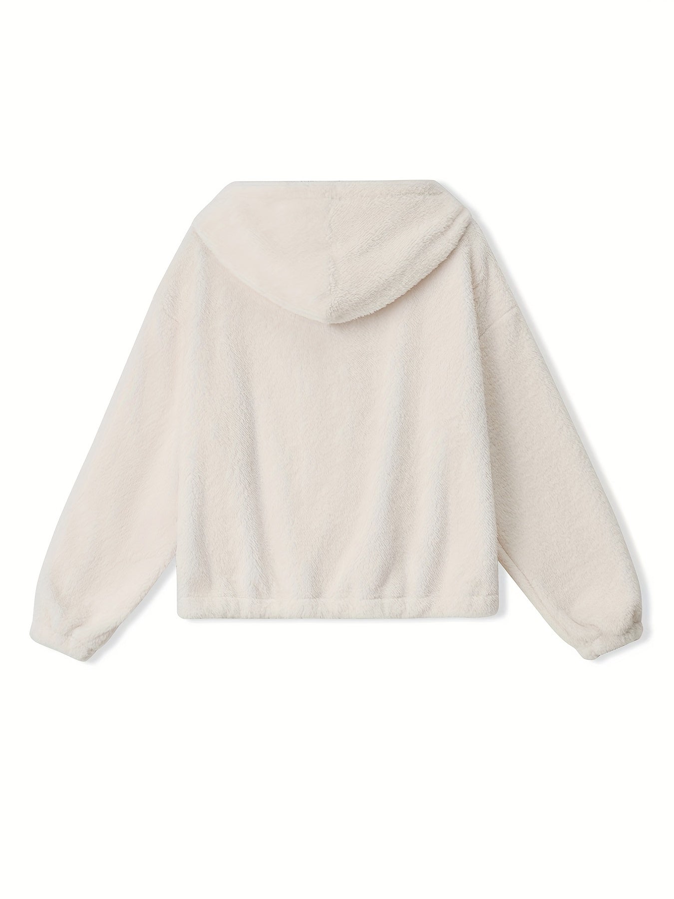 Solid Teddy Hooded Jacket, Casual Zip Up Long Sleeve Outerwear, Women's Clothing