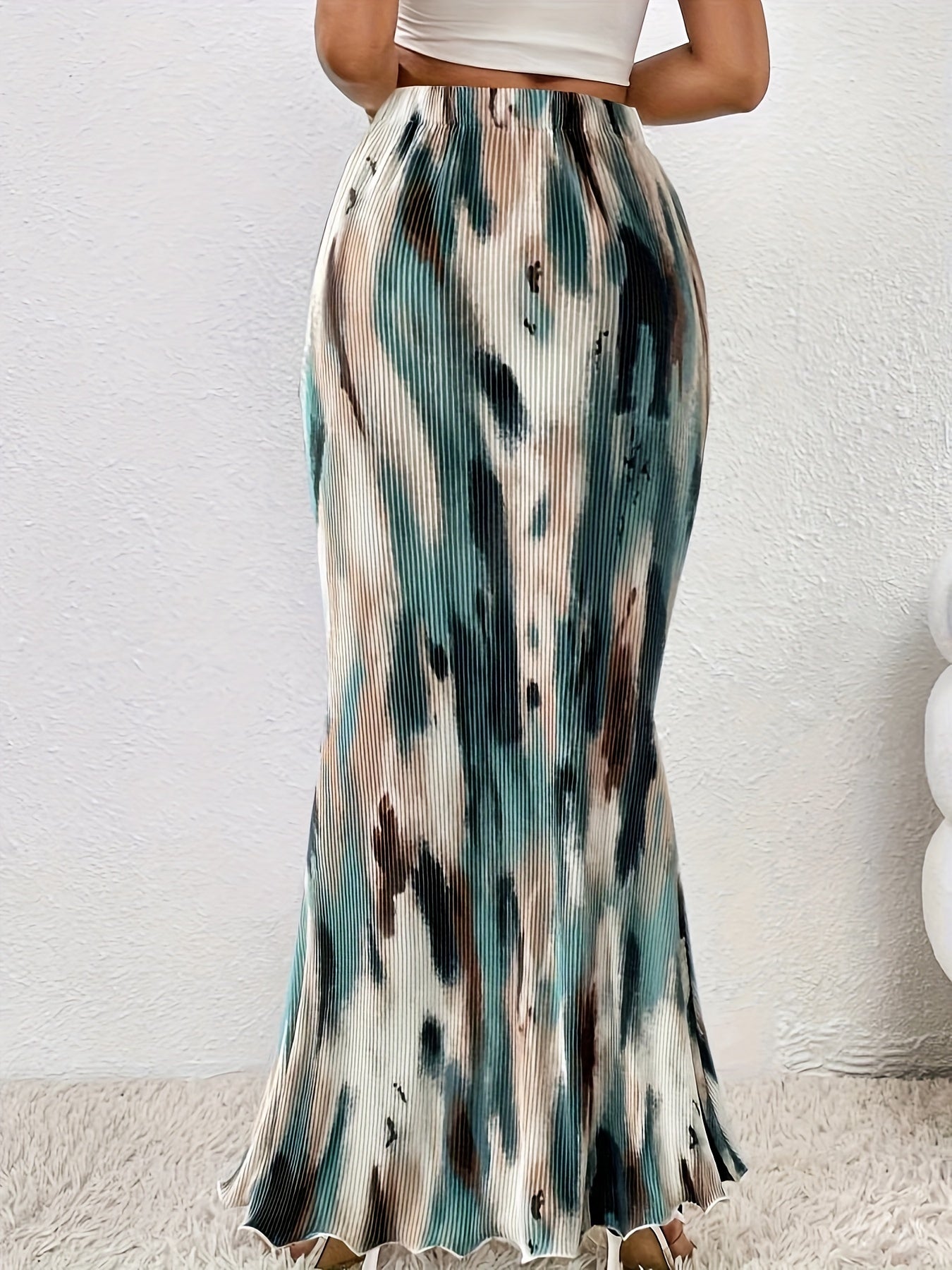vlovelaw Tie Dye High Waist Bodycon Skirt, Elegant Mermaid Hem Textured Maxi Skirt, Women's Clothing