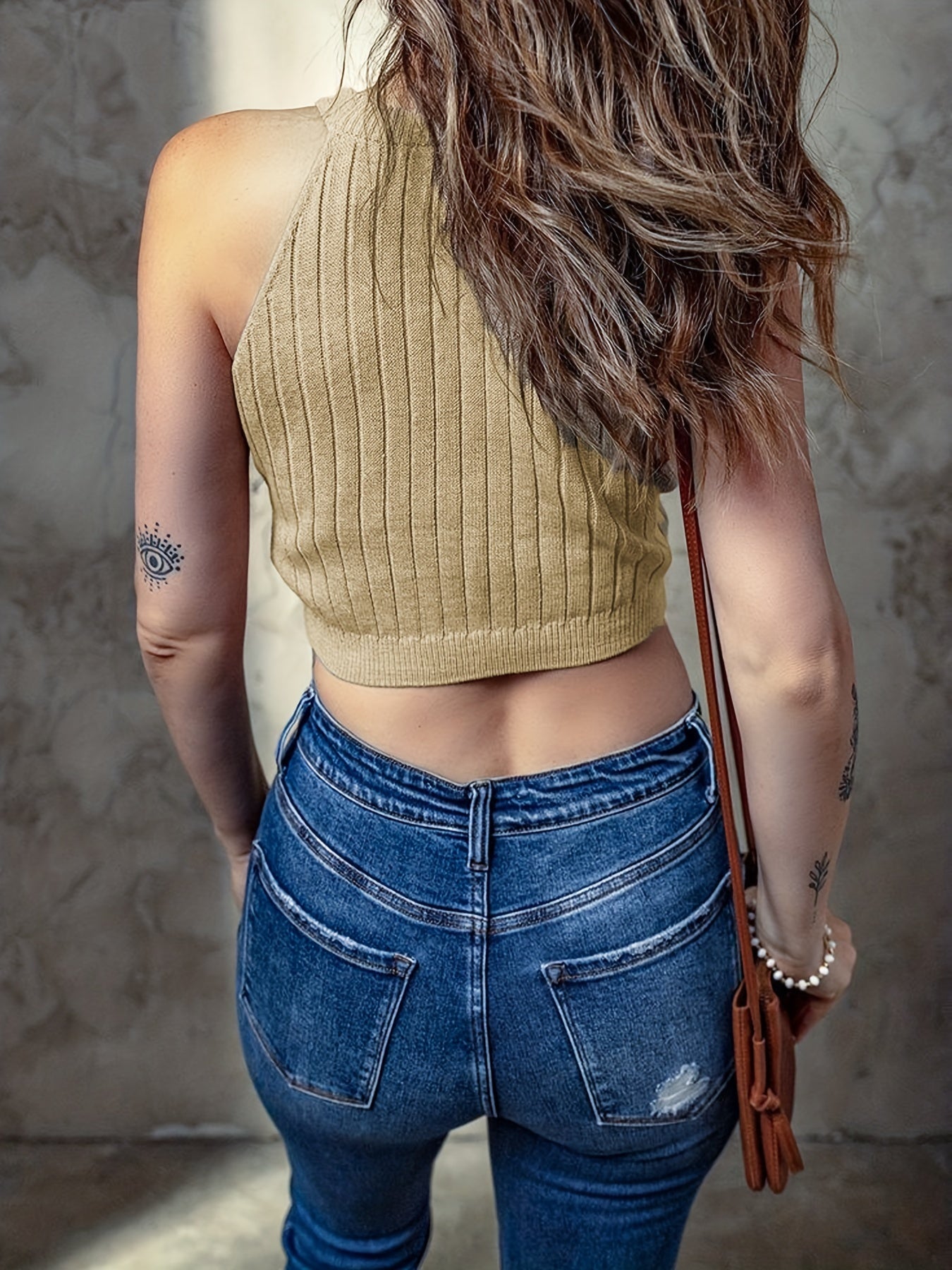 vlovelaw Solid Crop Rib Knit Top, Elegant Sleeveless Crew Neck Top, Women's Clothing