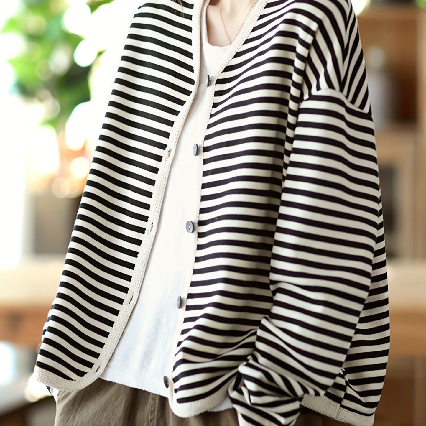 vlovelaw Striped Print Button Front Jacket, Casual V Neck Long Sleeve Outerwear For Spring & Summer, Women's Clothing