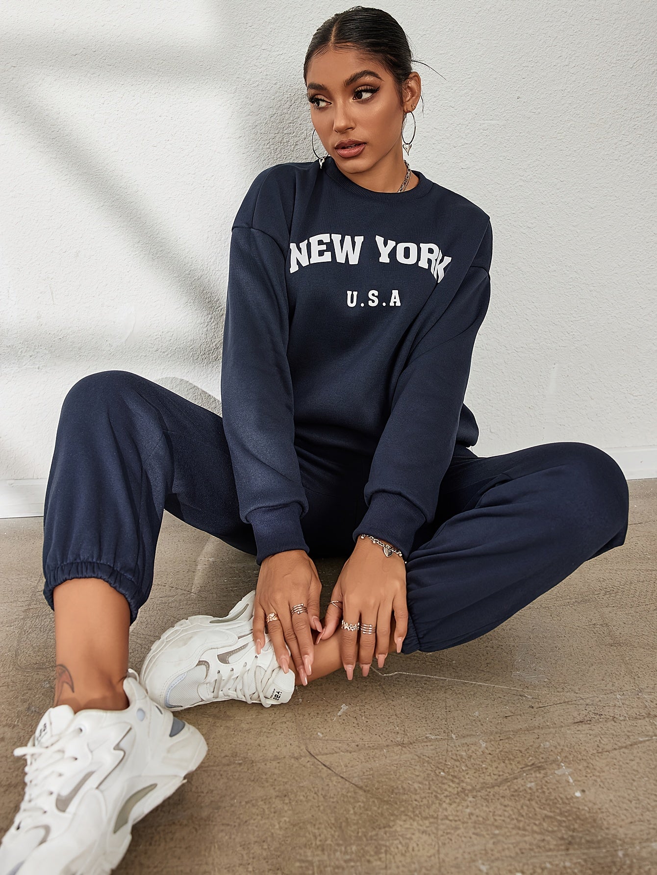 Casual Workout Two-piece Set, Letter Print Long Sleeve Sweatshirt & Solid Jogger Pants Outfits, Women's Clothing