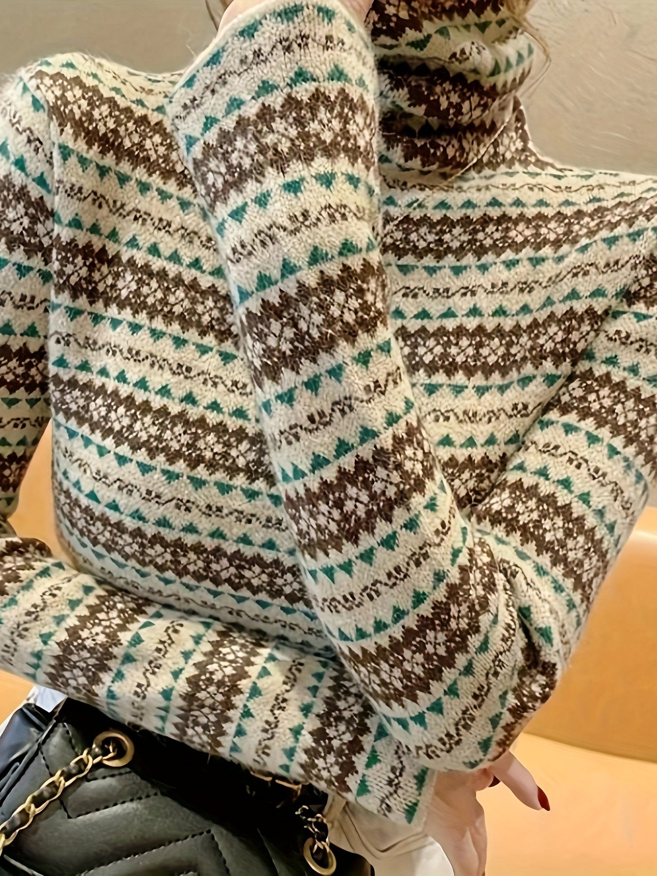 vlovelaw Geometric Pattern Knitted Pullover Sweater, Casual Turtleneck Long Sleeve Top For Fall & Winter, Women's Clothing