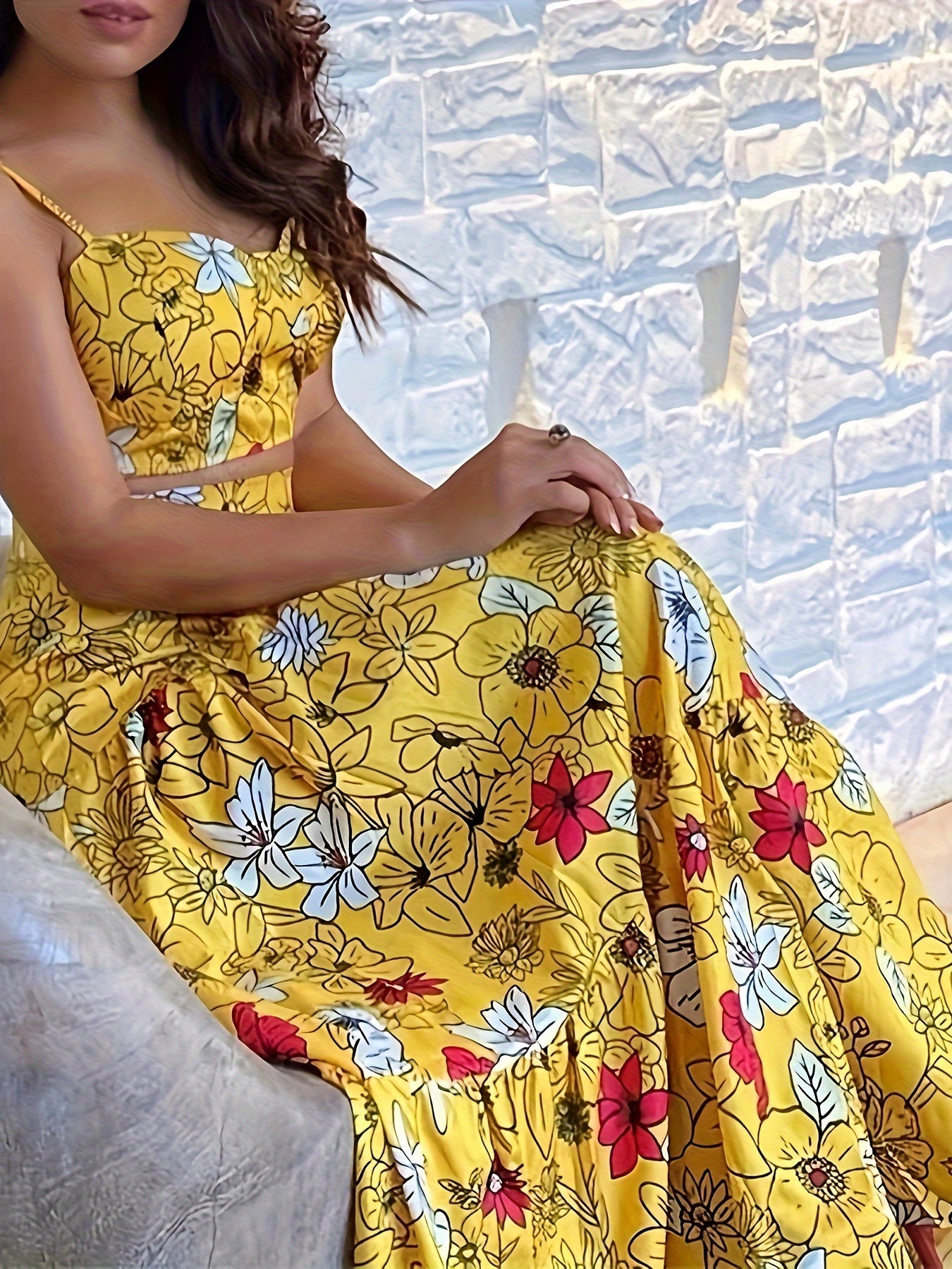 vlovelaw Floral Print Two-piece Skirt Set, Crop Cami Top & Maxi Length A-line Skirt Outfits, Women's Clothing