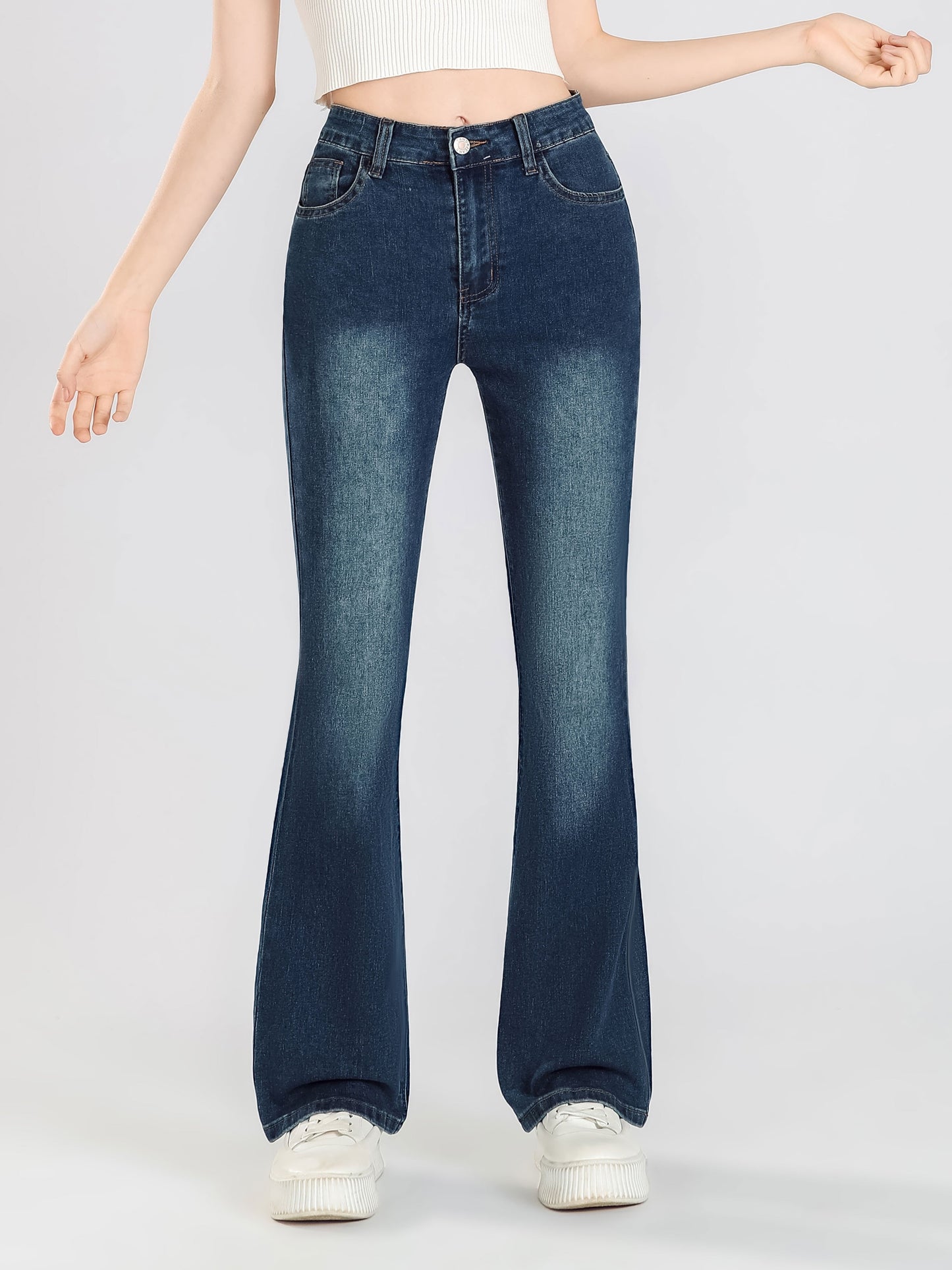 vlovelaw Trendy Girls Blue Washed Bootcut Skinny Jeans, Slim Fit Flare Leg Pants For Street Wear