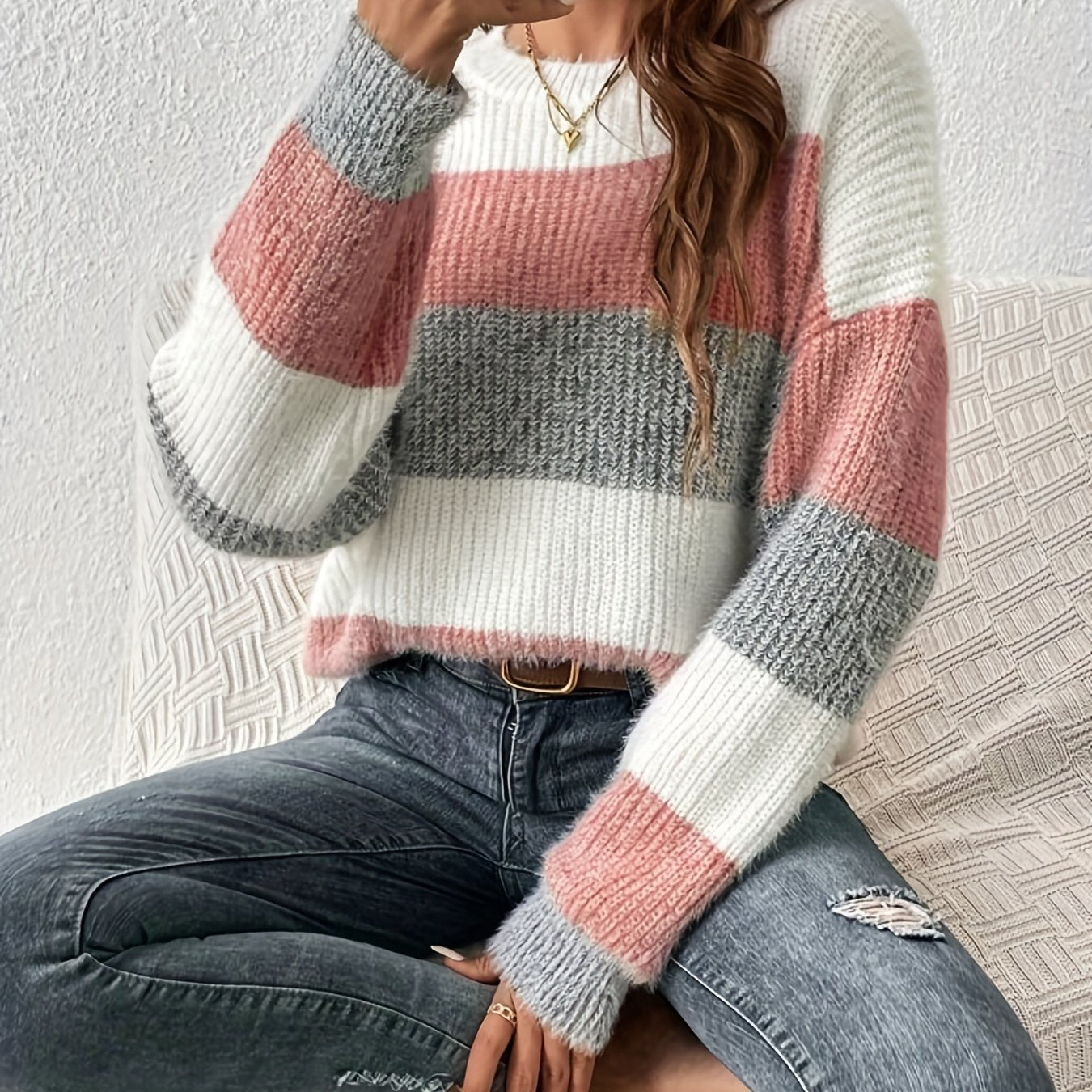 Color Block Crew Neck Pullover Sweater, Casual Long Sleeve Sweater For Fall & Winter, Women's Clothing