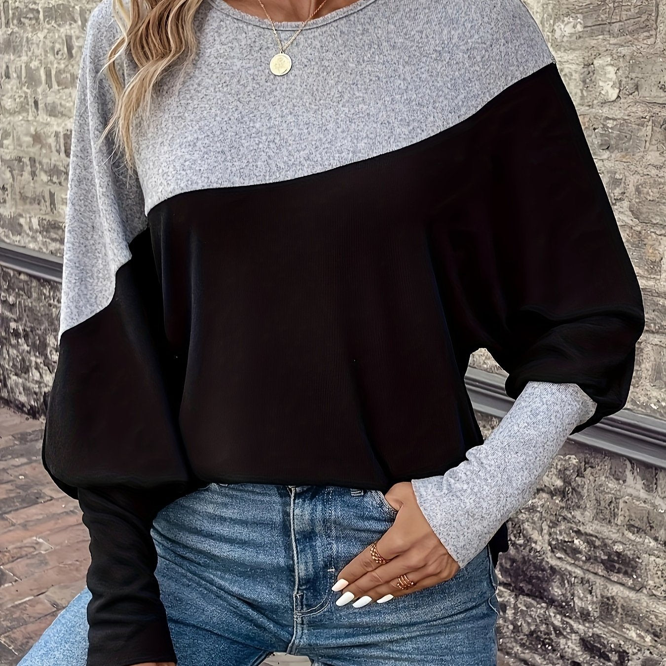 vlovelaw Color Block Long Sleeve Casual Top, Round Neck Sports Loose Thin Sweatshirt, Women's Clothing