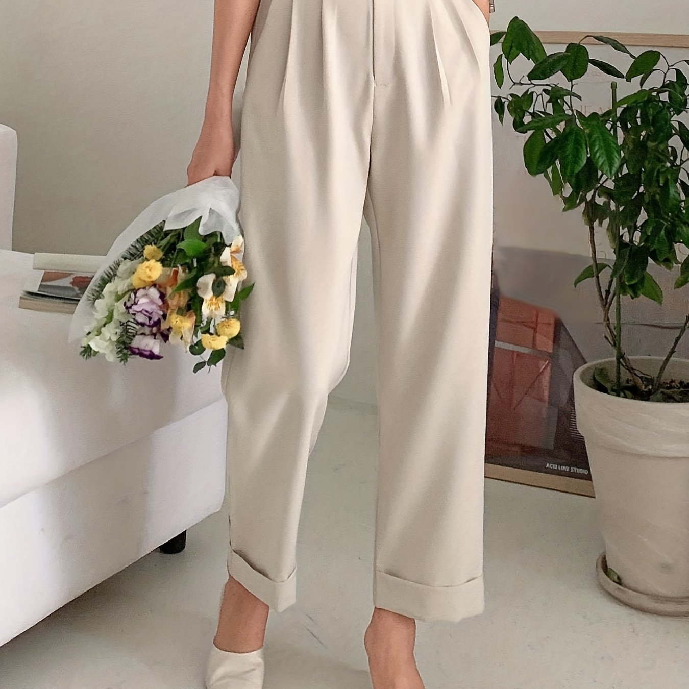 Solid Button Straight Leg Pants, Casual High Waist Draped Pleated Pants, Women's Clothing