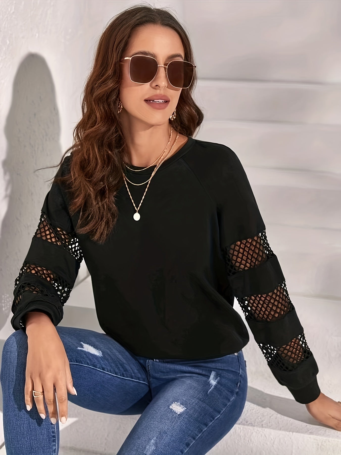 vlovelaw Cutout Crew Neck T-Shirt, Casual Long Sleeve Top For Spring & Fall, Women's Clothing